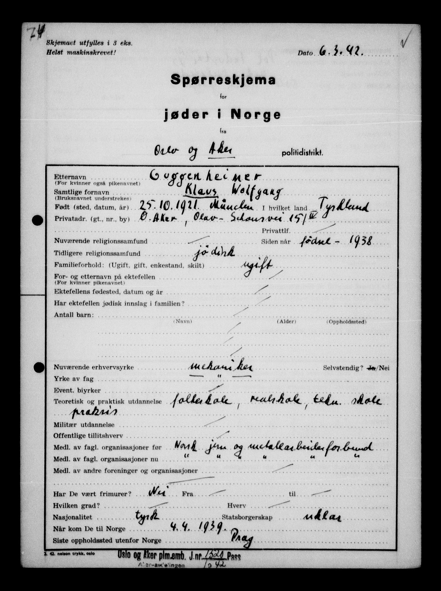 Statspolitiet - Hovedkontoret / Osloavdelingen, AV/RA-S-1329/G/Ga/L0011: Spørreskjema for jøder i Norge. 1: Oslo 610-806 (Plavnik-Zwillinger). 2: Aker 1-113 (Adler-Lewin). , 1942, p. 807