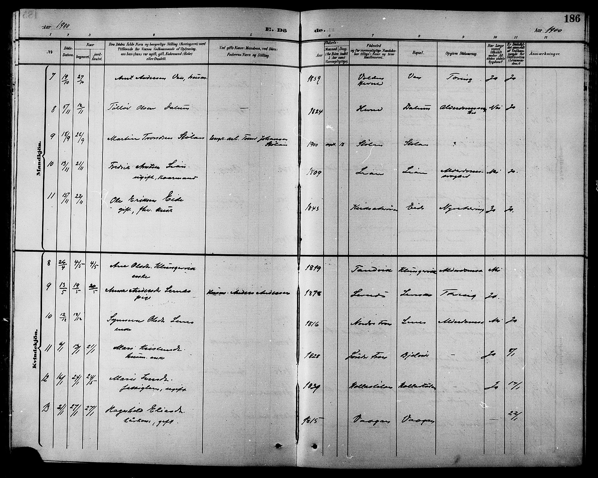 Ministerialprotokoller, klokkerbøker og fødselsregistre - Sør-Trøndelag, SAT/A-1456/630/L0505: Parish register (copy) no. 630C03, 1899-1914, p. 186