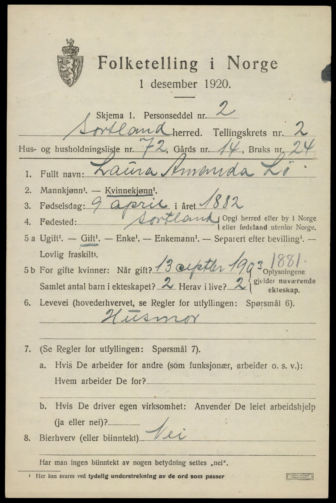 SAT, 1920 census for Sortland, 1920, p. 3608