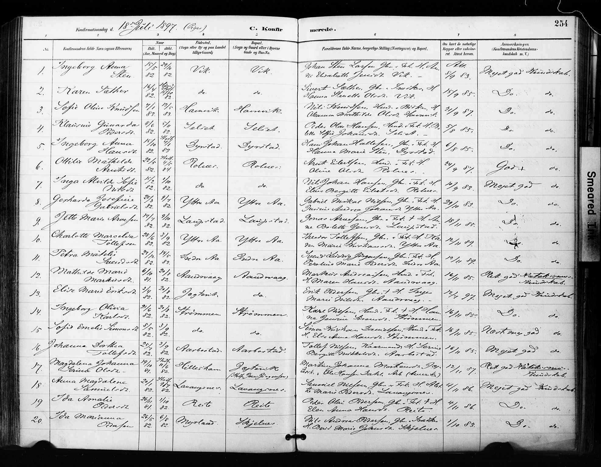 Ibestad sokneprestembete, AV/SATØ-S-0077/H/Ha/Haa/L0012kirke: Parish register (official) no. 12, 1890-1900, p. 254