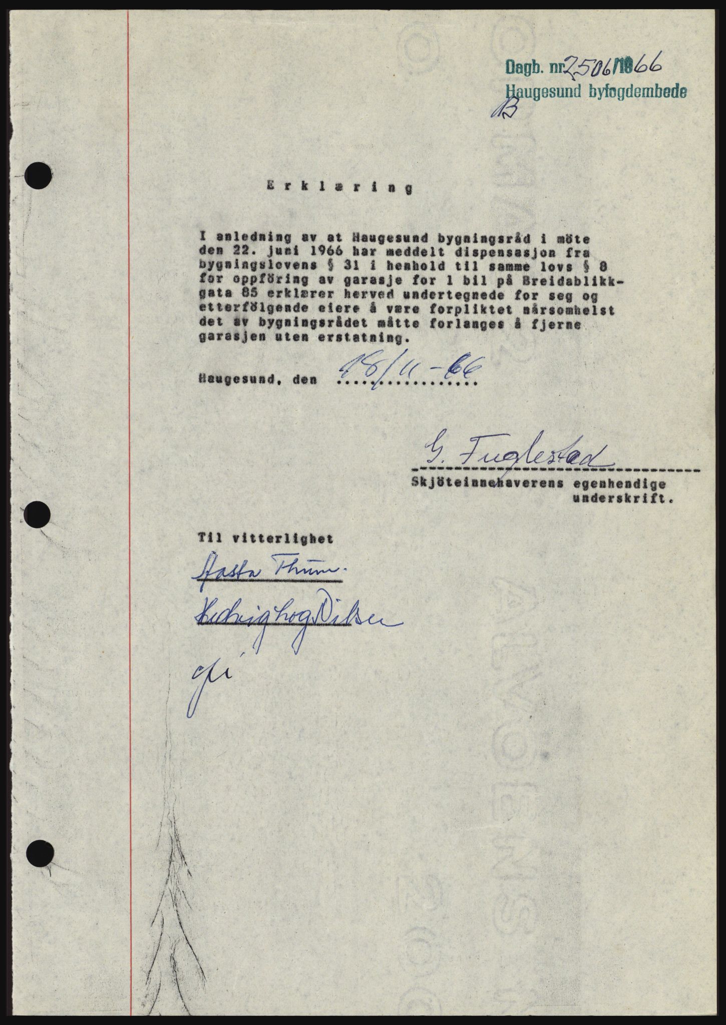 Haugesund tingrett, SAST/A-101415/01/II/IIC/L0056: Mortgage book no. B 56, 1966-1967, Diary no: : 2506/1966