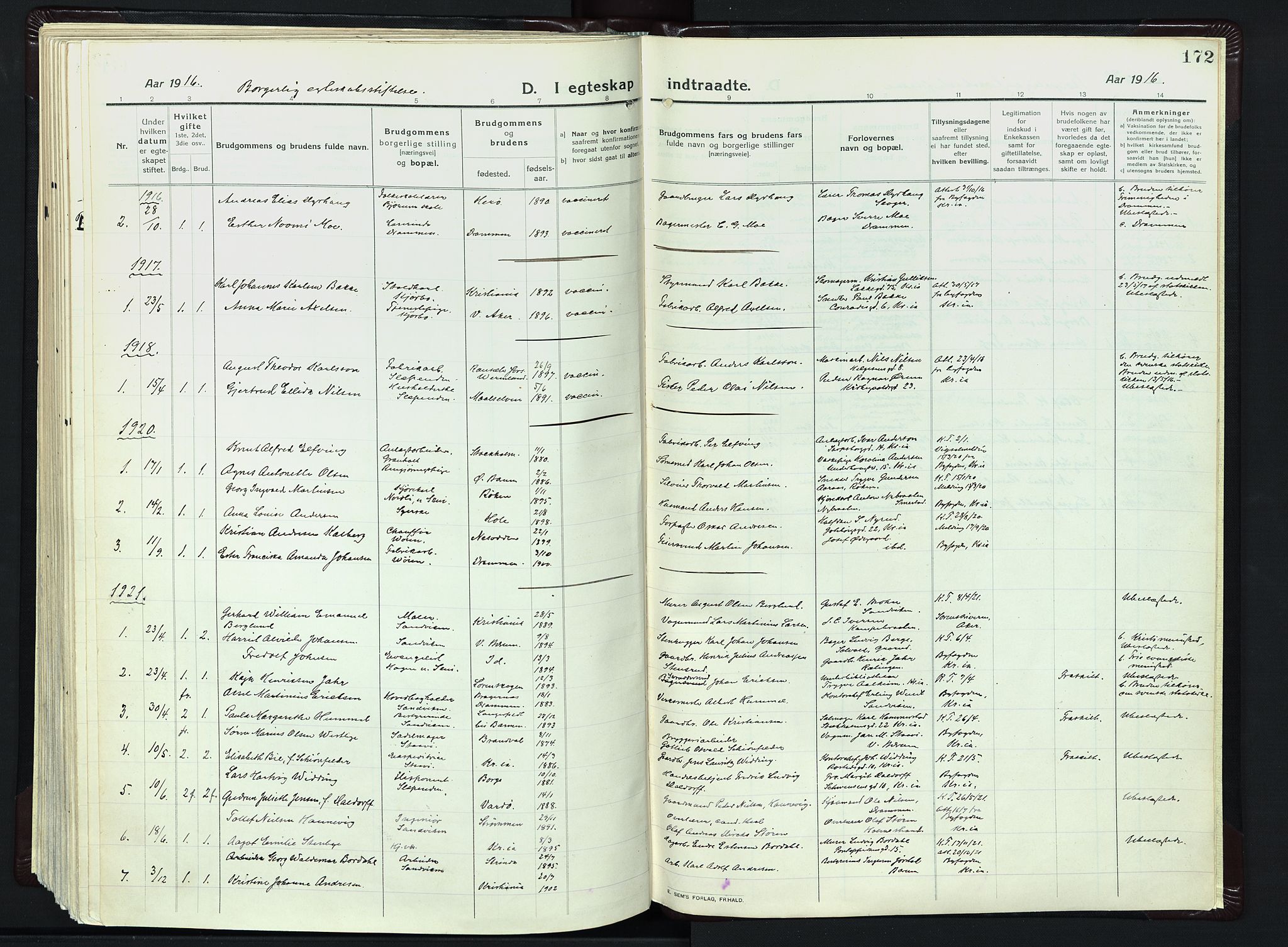 Vestre Bærum prestekontor Kirkebøker, SAO/A-10209a/F/Fa/L0003: Parish register (official) no. 3, 1916-1930, p. 172