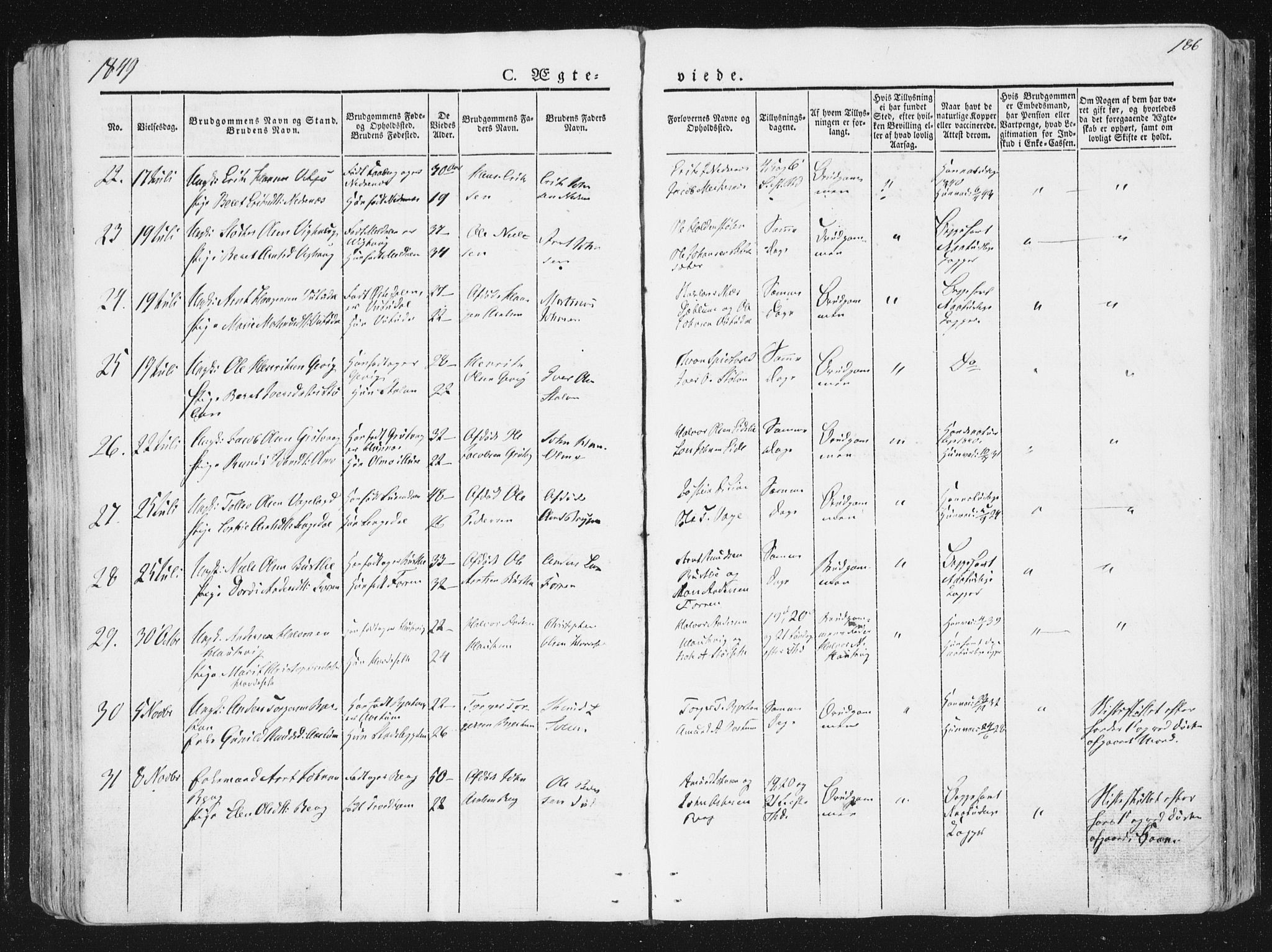 Ministerialprotokoller, klokkerbøker og fødselsregistre - Sør-Trøndelag, SAT/A-1456/630/L0493: Parish register (official) no. 630A06, 1841-1851, p. 186