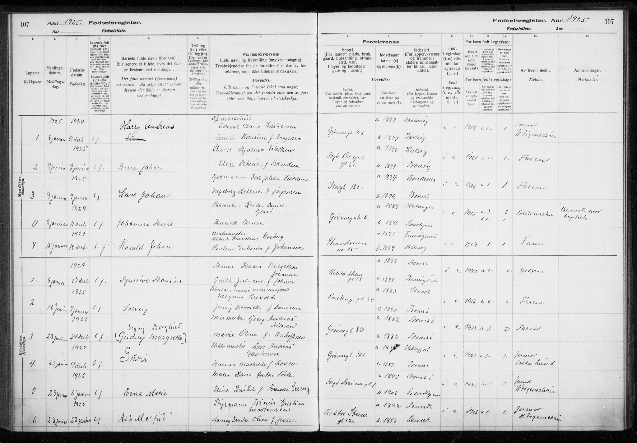 Tromsø sokneprestkontor/stiftsprosti/domprosti, AV/SATØ-S-1343/H/Ha/L0132: Birth register no. 132, 1921-1927, p. 107