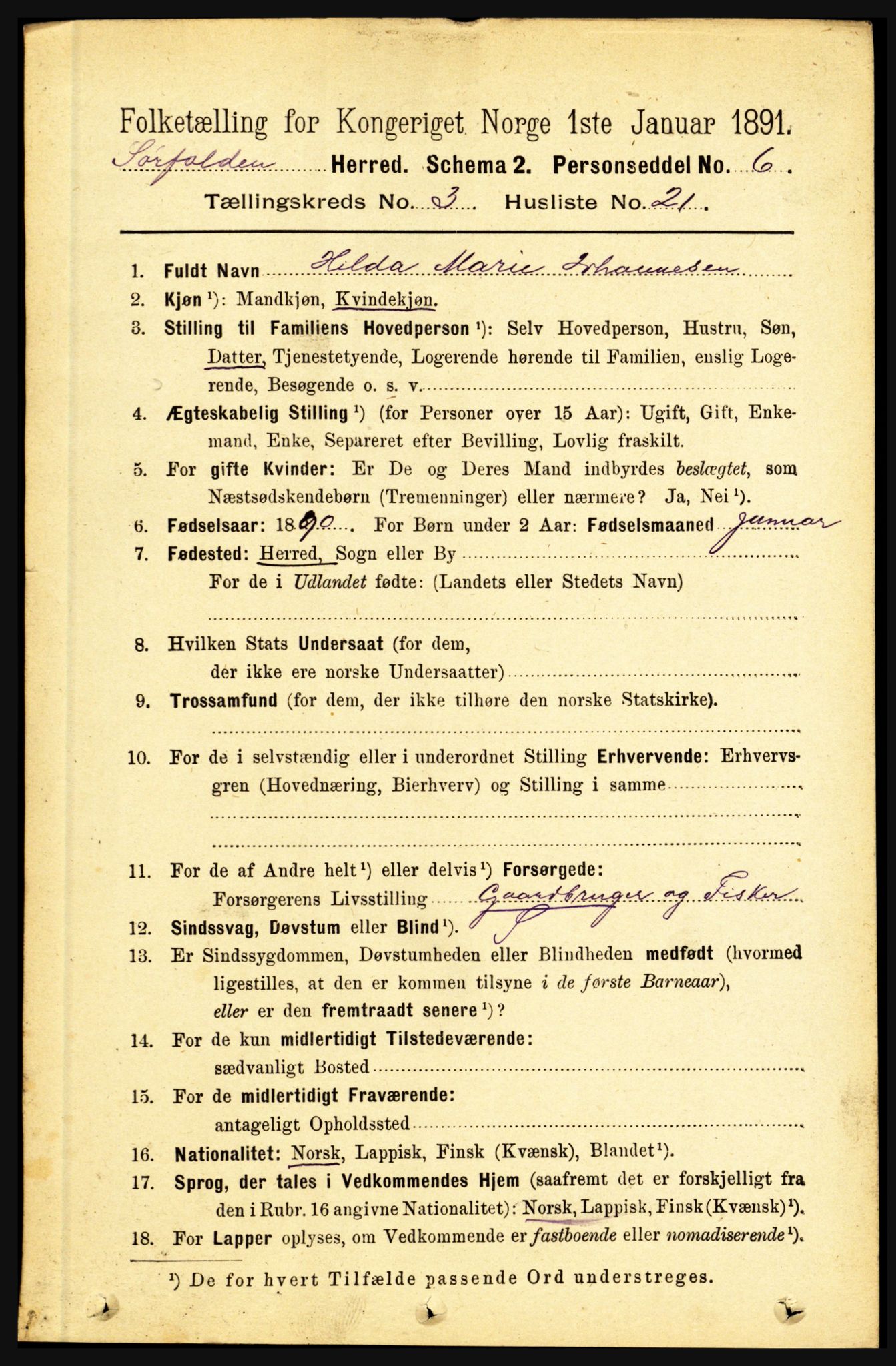 RA, 1891 census for 1845 Sørfold, 1891, p. 589