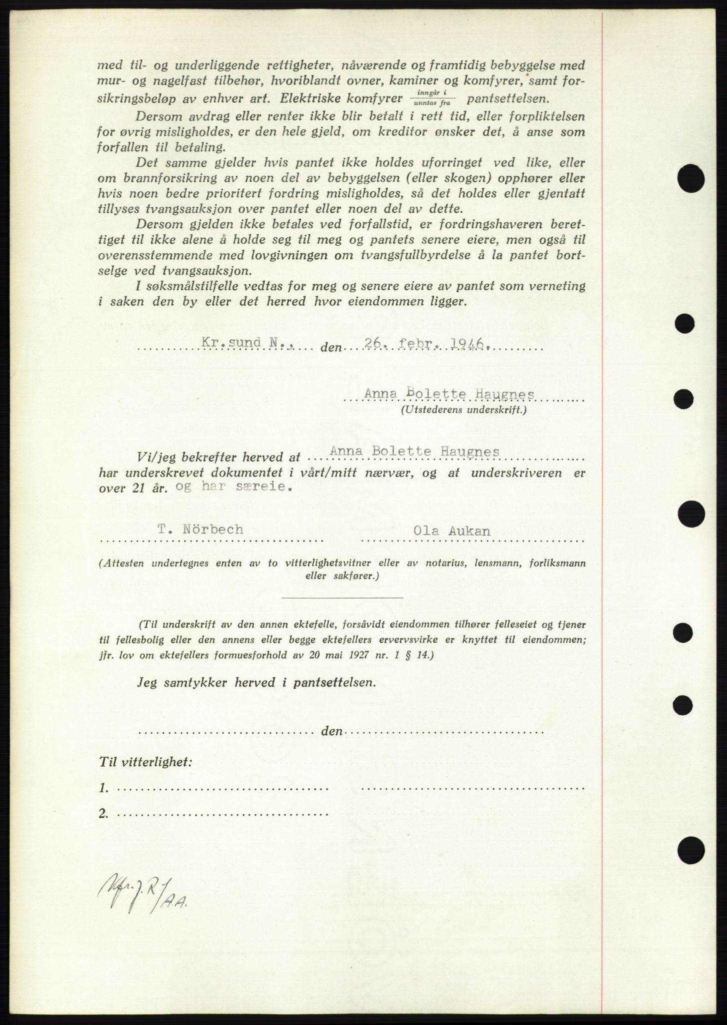 Nordmøre sorenskriveri, AV/SAT-A-4132/1/2/2Ca: Mortgage book no. B93b, 1946-1946, Diary no: : 301/1946