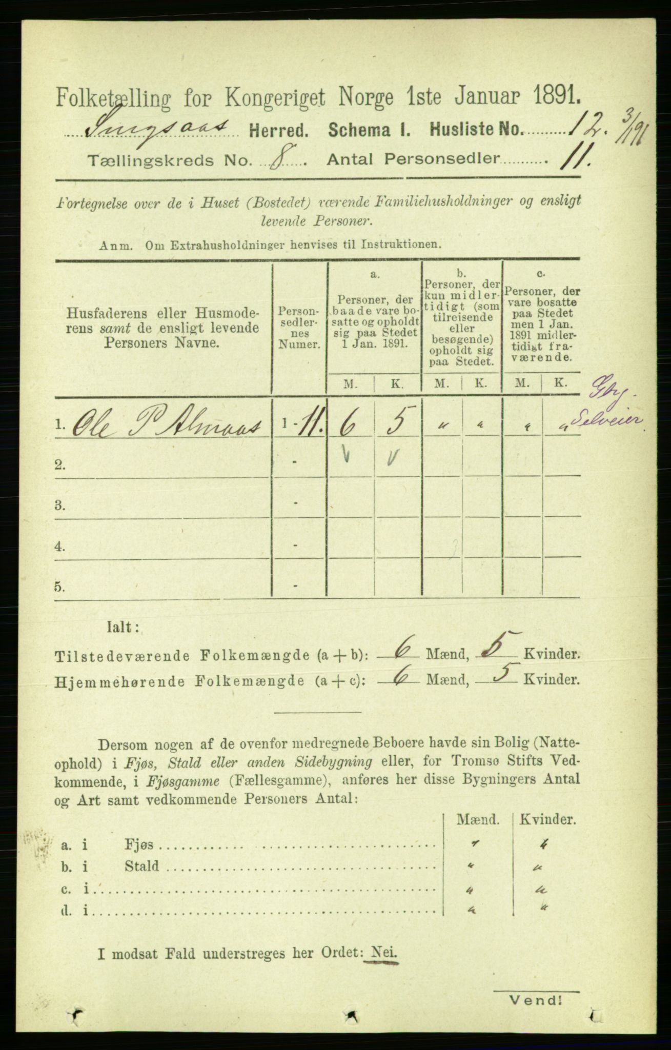 RA, 1891 census for 1646 Singsås, 1891, p. 1685