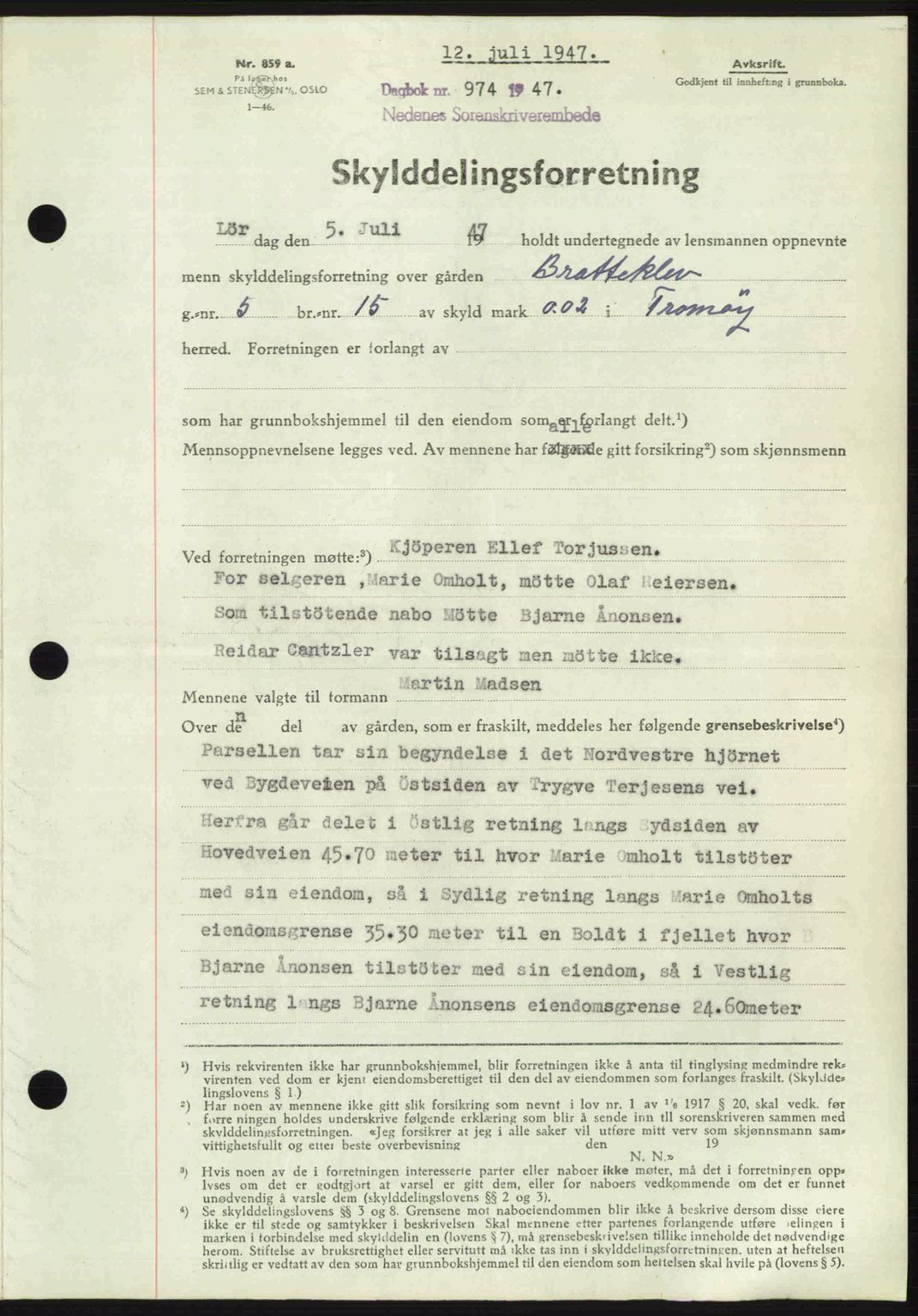 Nedenes sorenskriveri, AV/SAK-1221-0006/G/Gb/Gba/L0057: Mortgage book no. A9, 1947-1947, Diary no: : 974/1947