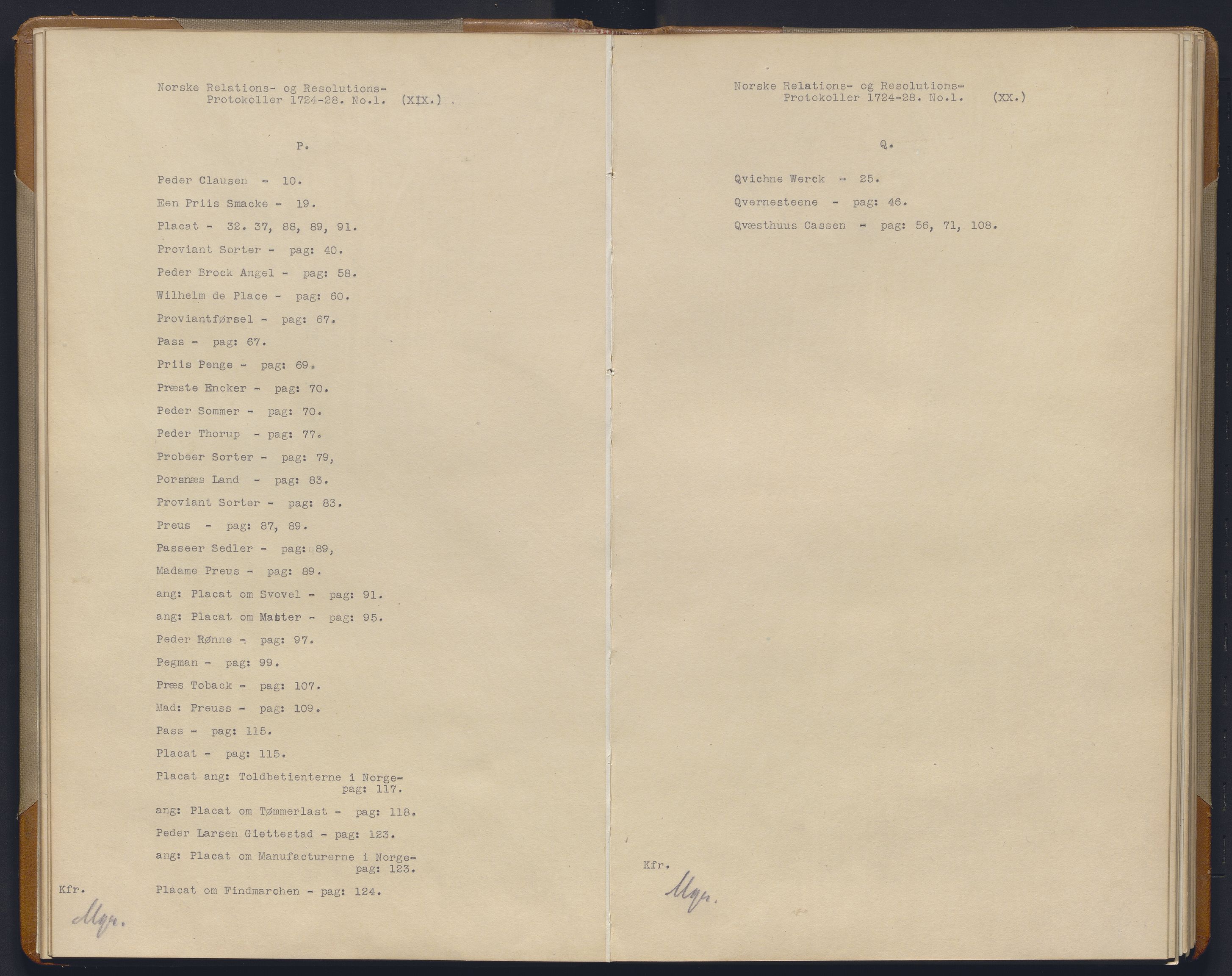 Avskriftsamlingen, AV/RA-EA-4022/F/Fb/L0115: Registratur over norske Relasjons- og resolusjonsprotkoller, 1724-1728, p. 14