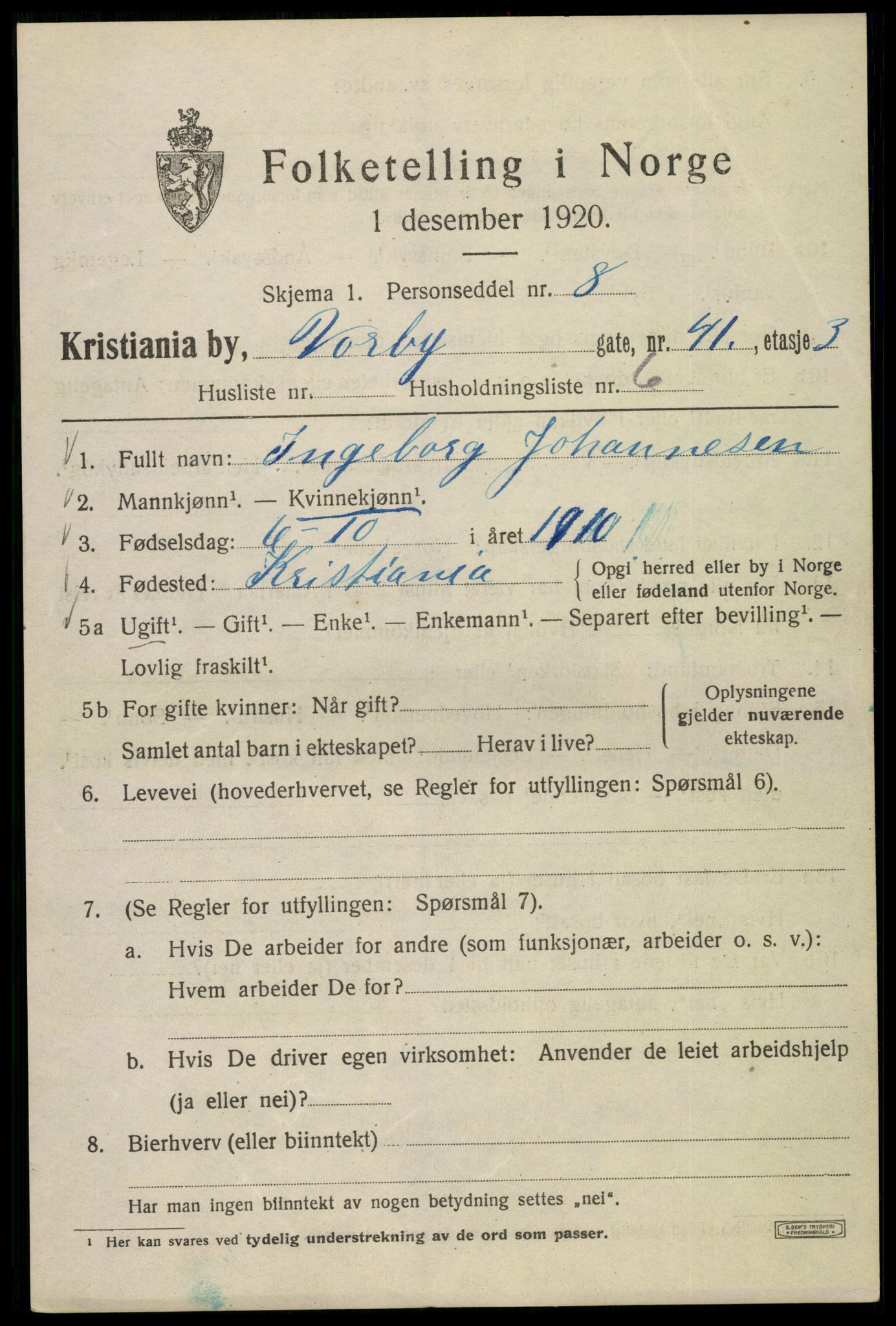 SAO, 1920 census for Kristiania, 1920, p. 420225