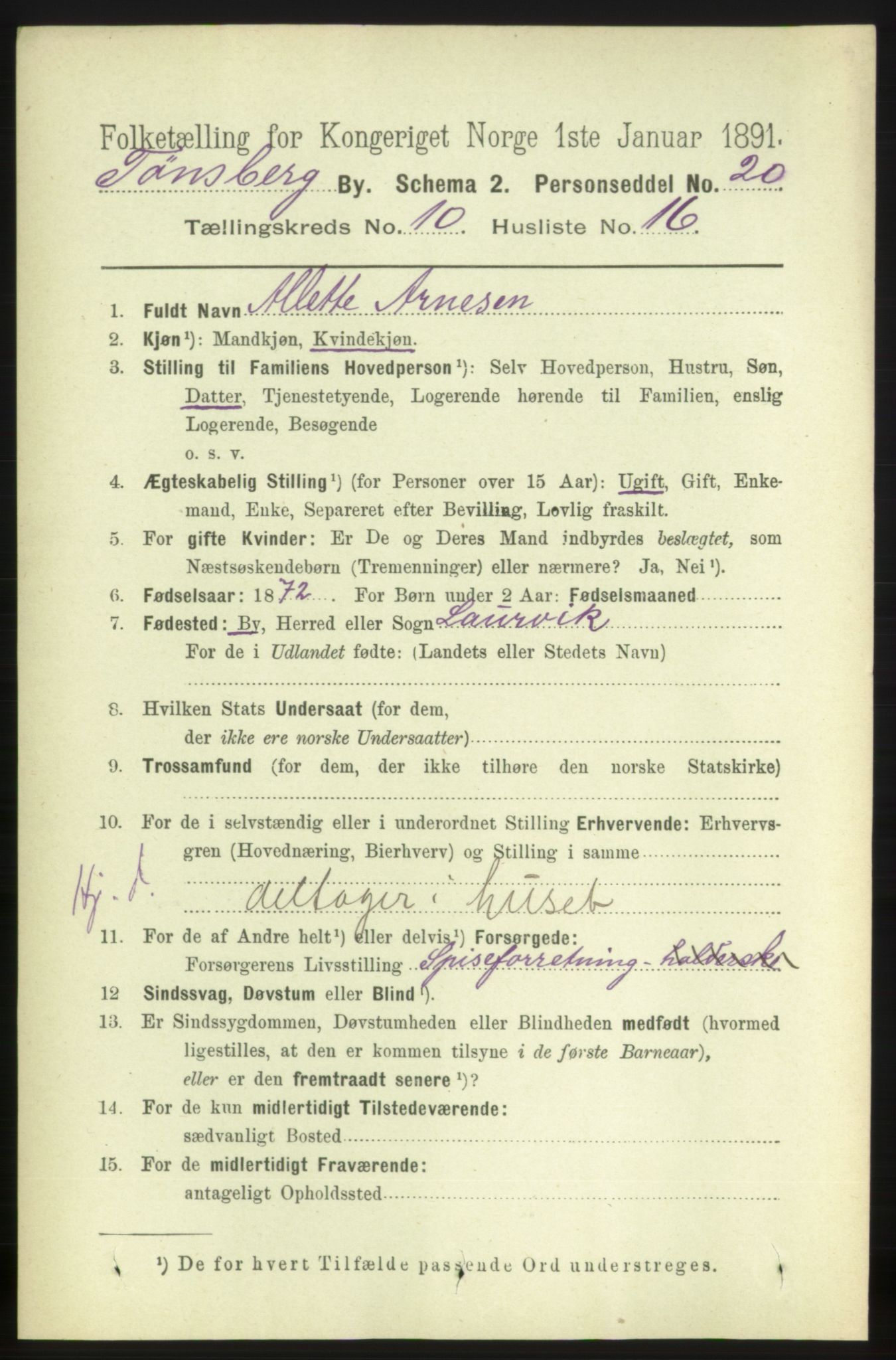 RA, 1891 census for 0705 Tønsberg, 1891, p. 3841