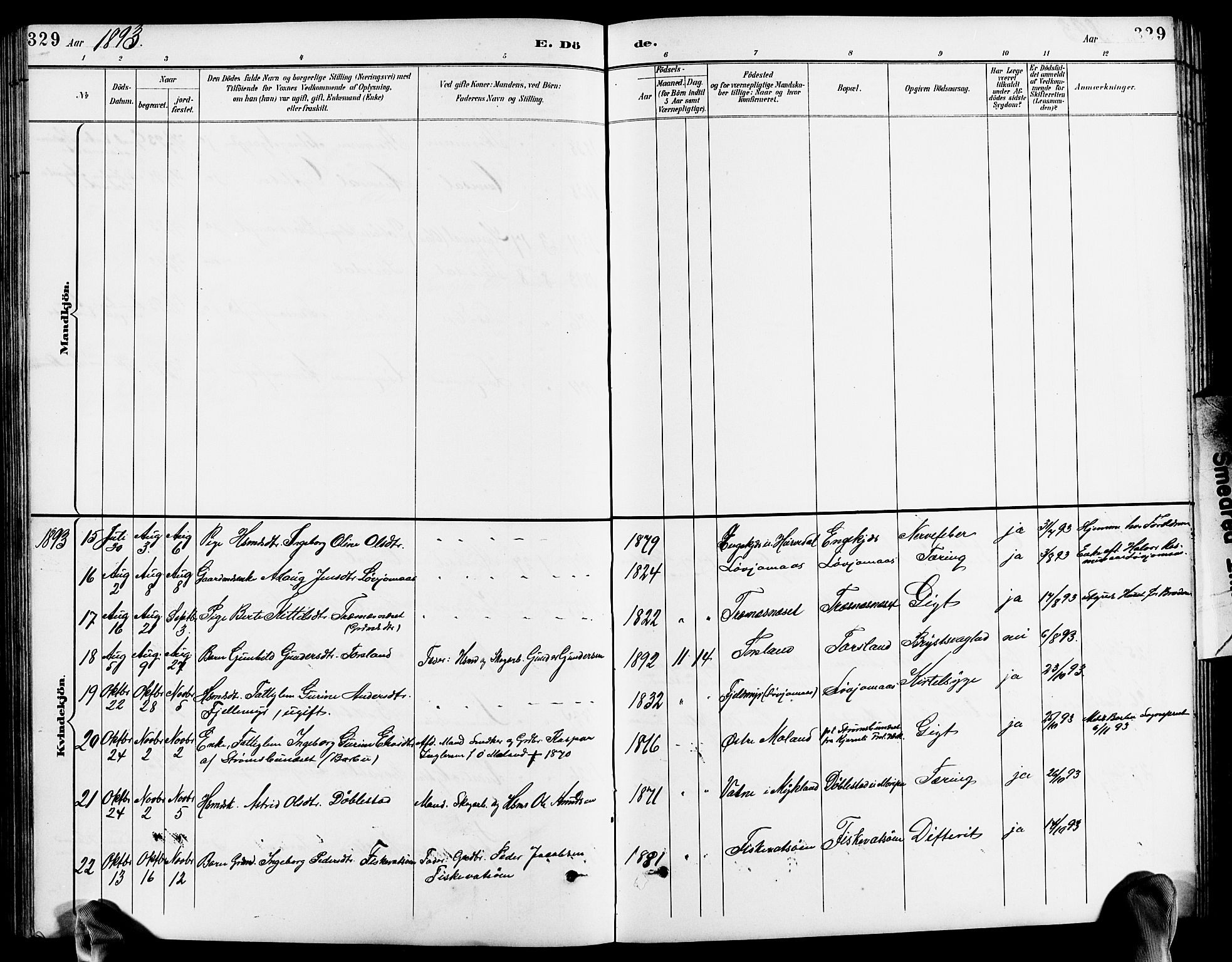 Froland sokneprestkontor, AV/SAK-1111-0013/F/Fb/L0010: Parish register (copy) no. B 10, 1893-1920, p. 329