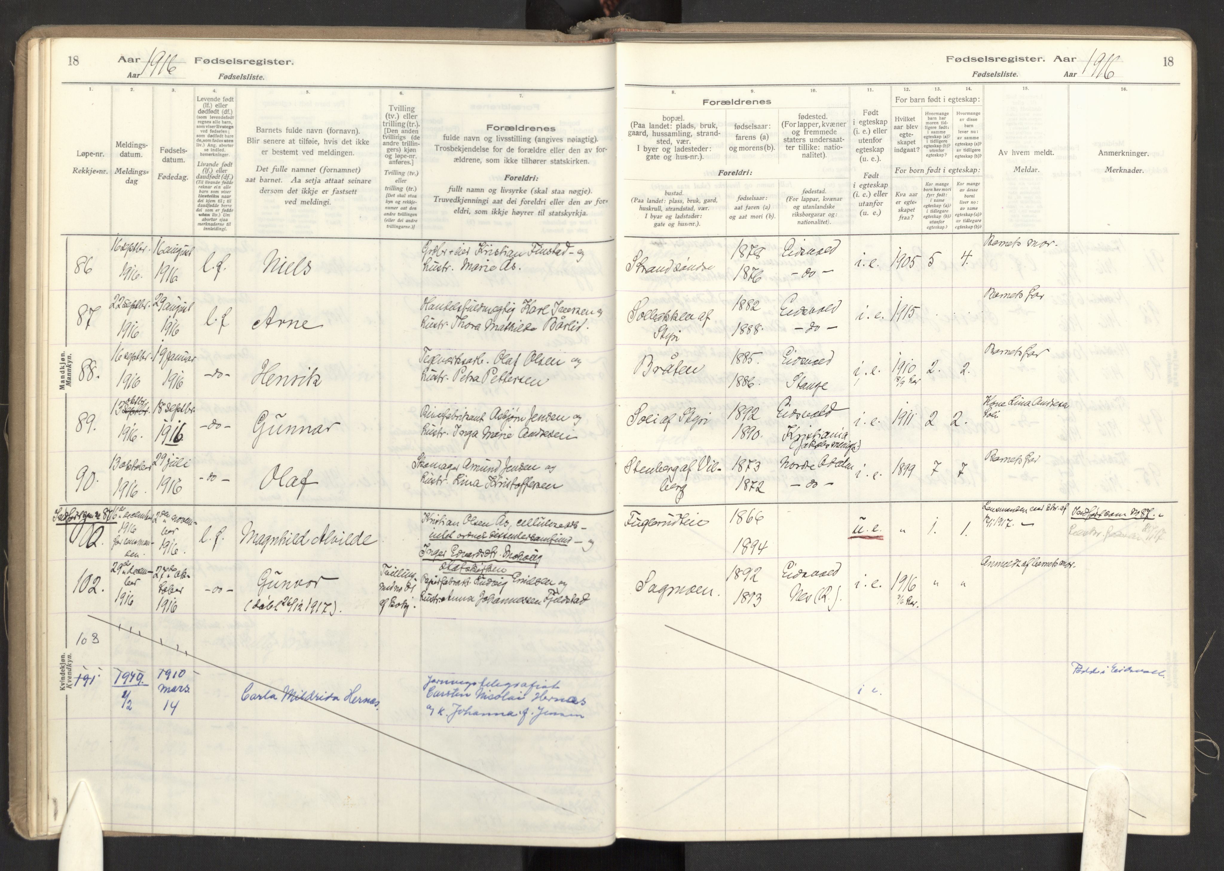 Eidsvoll prestekontor Kirkebøker, AV/SAO-A-10888/J/Ja/L0001: Birth register no. I 1, 1916-1924, p. 18