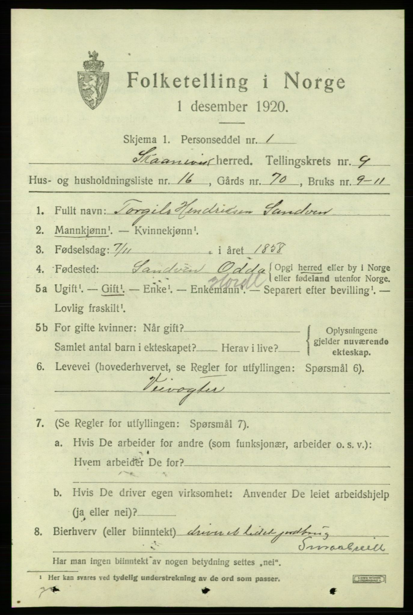 SAB, 1920 census for Skånevik, 1920, p. 5067