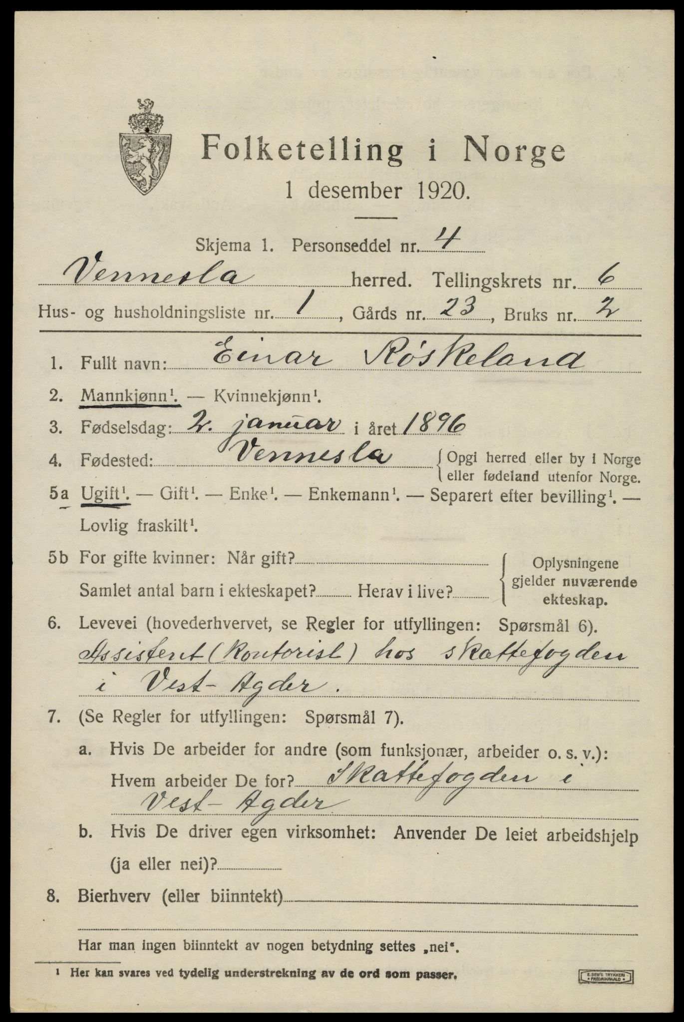 SAK, 1920 census for Vennesla, 1920, p. 4308