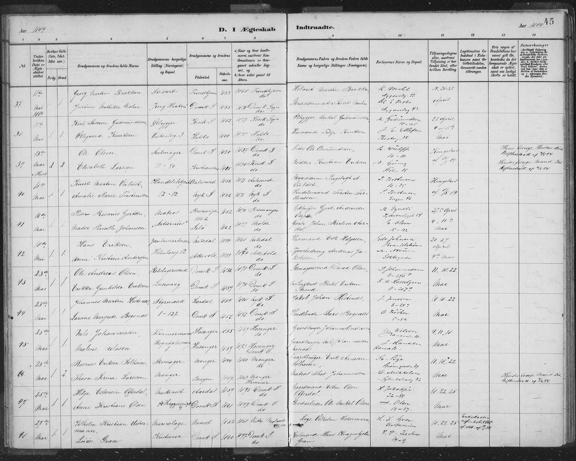 Domkirken sokneprestembete, AV/SAB-A-74801/H/Hab/L0032: Parish register (copy) no. D 4, 1880-1907, p. 45