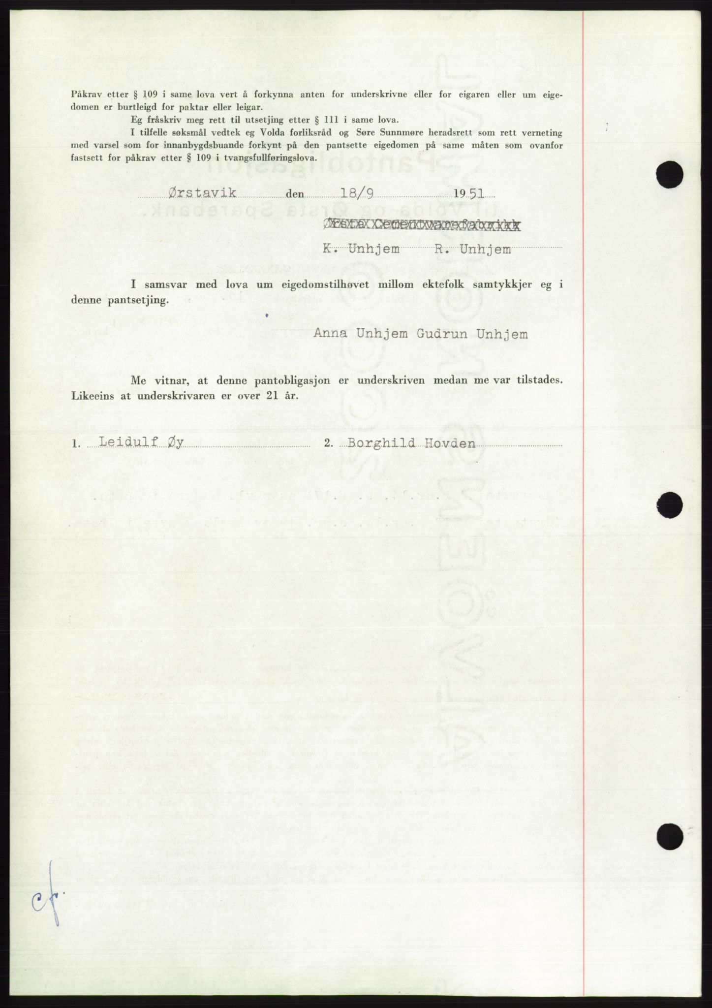 Søre Sunnmøre sorenskriveri, AV/SAT-A-4122/1/2/2C/L0120: Mortgage book no. 8B, 1951-1951, Diary no: : 1707/1951