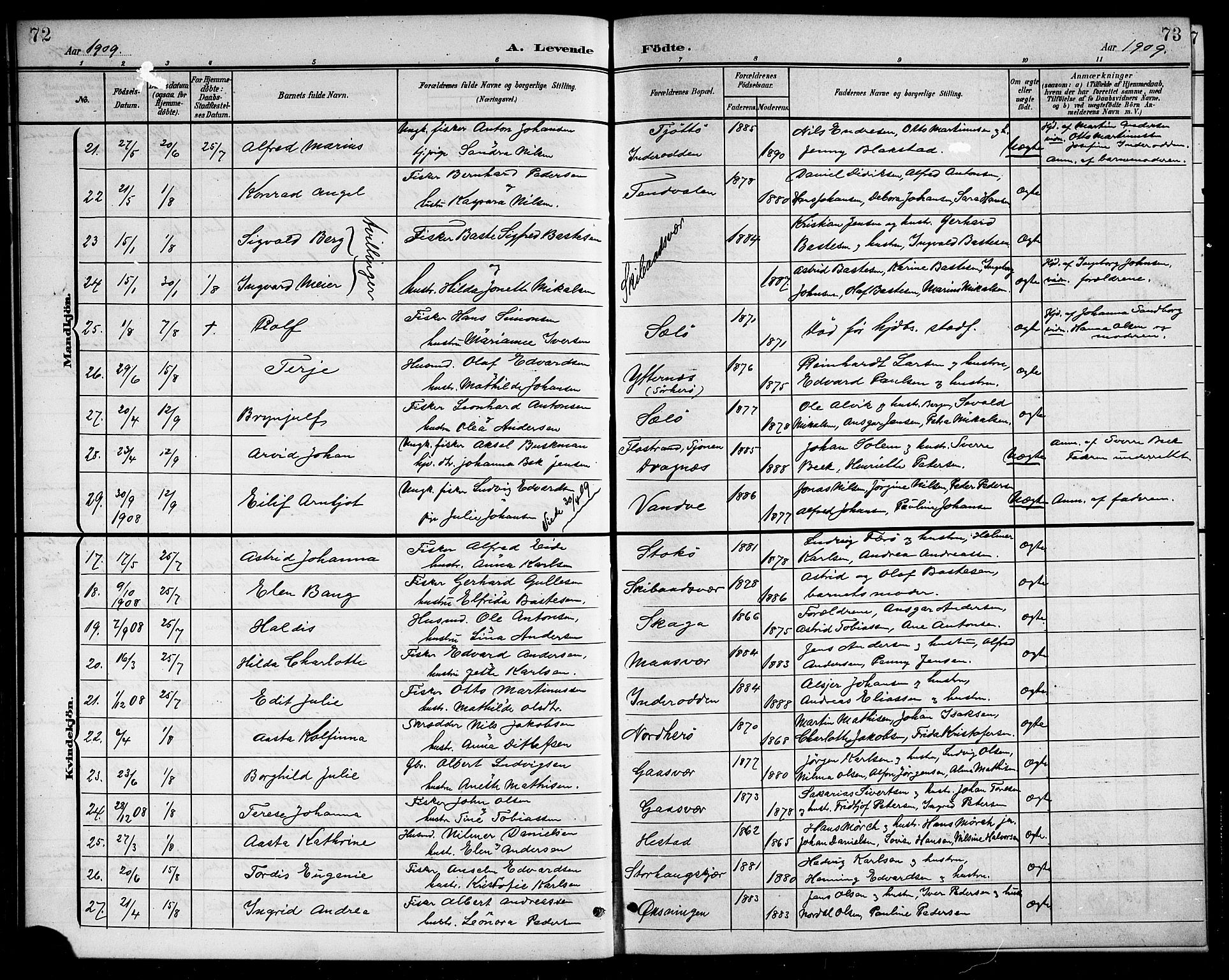 Ministerialprotokoller, klokkerbøker og fødselsregistre - Nordland, SAT/A-1459/834/L0516: Parish register (copy) no. 834C06, 1902-1918, p. 72-73