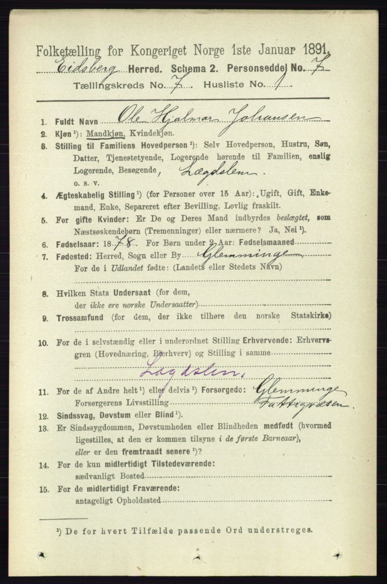 RA, 1891 census for 0125 Eidsberg, 1891, p. 4110