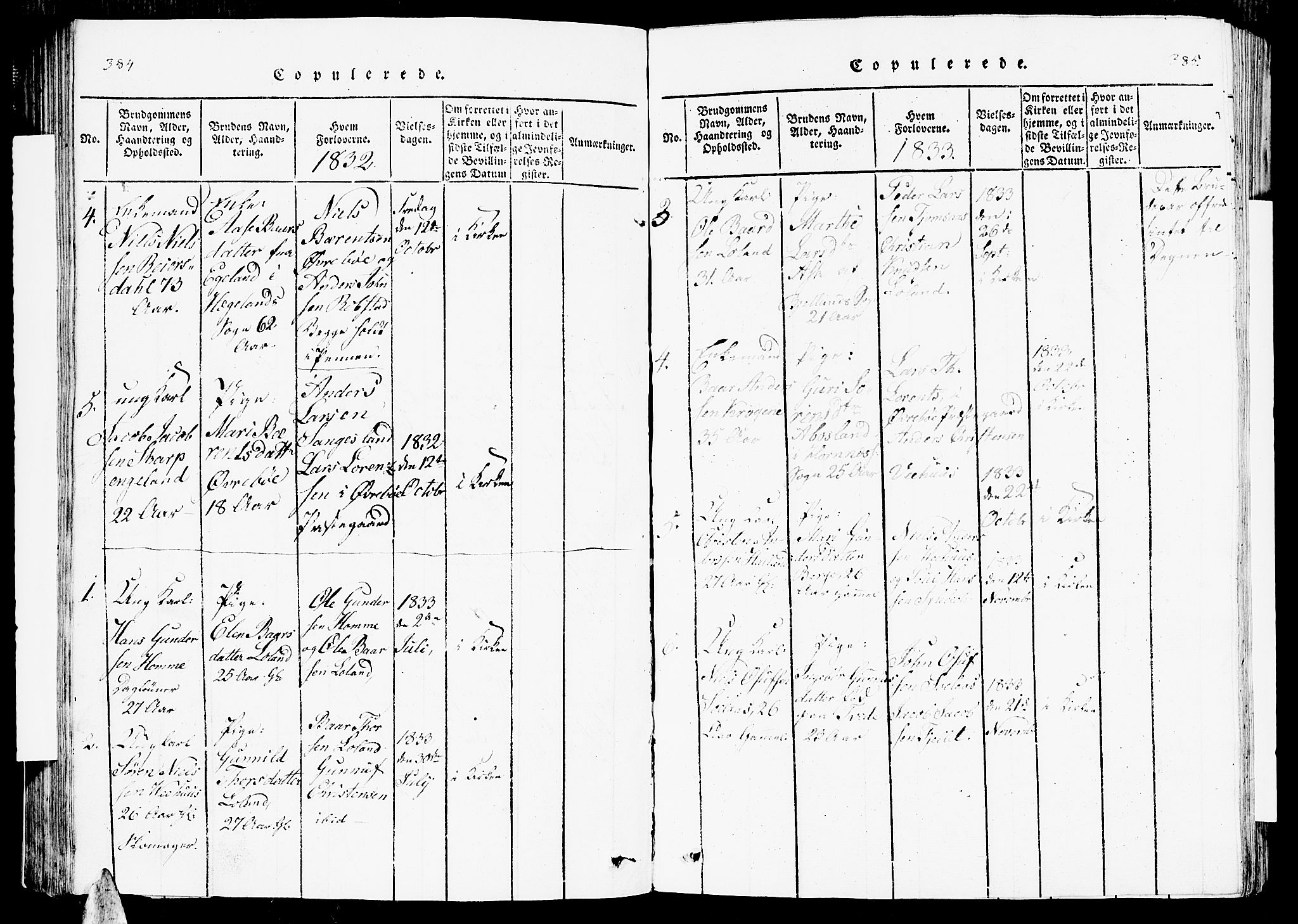 Vennesla sokneprestkontor, SAK/1111-0045/Fb/Fbc/L0001: Parish register (copy) no. B 1, 1820-1834, p. 384-385