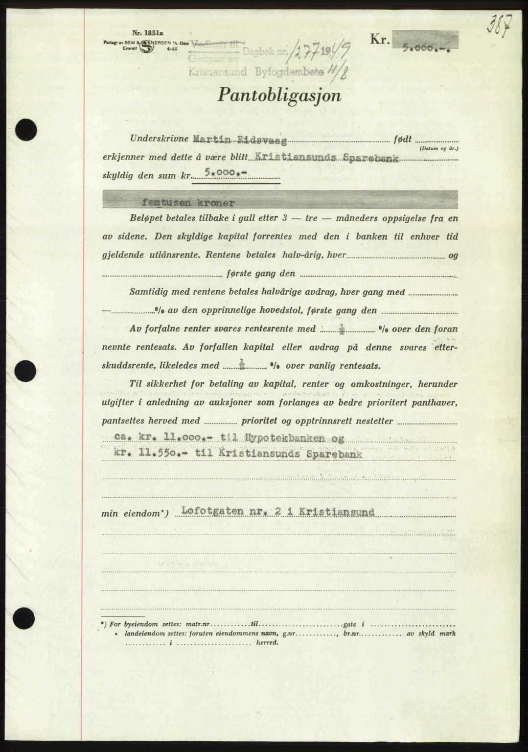 Kristiansund byfogd, AV/SAT-A-4587/A/27: Mortgage book no. 45, 1948-1949, Diary no: : 1277/1949