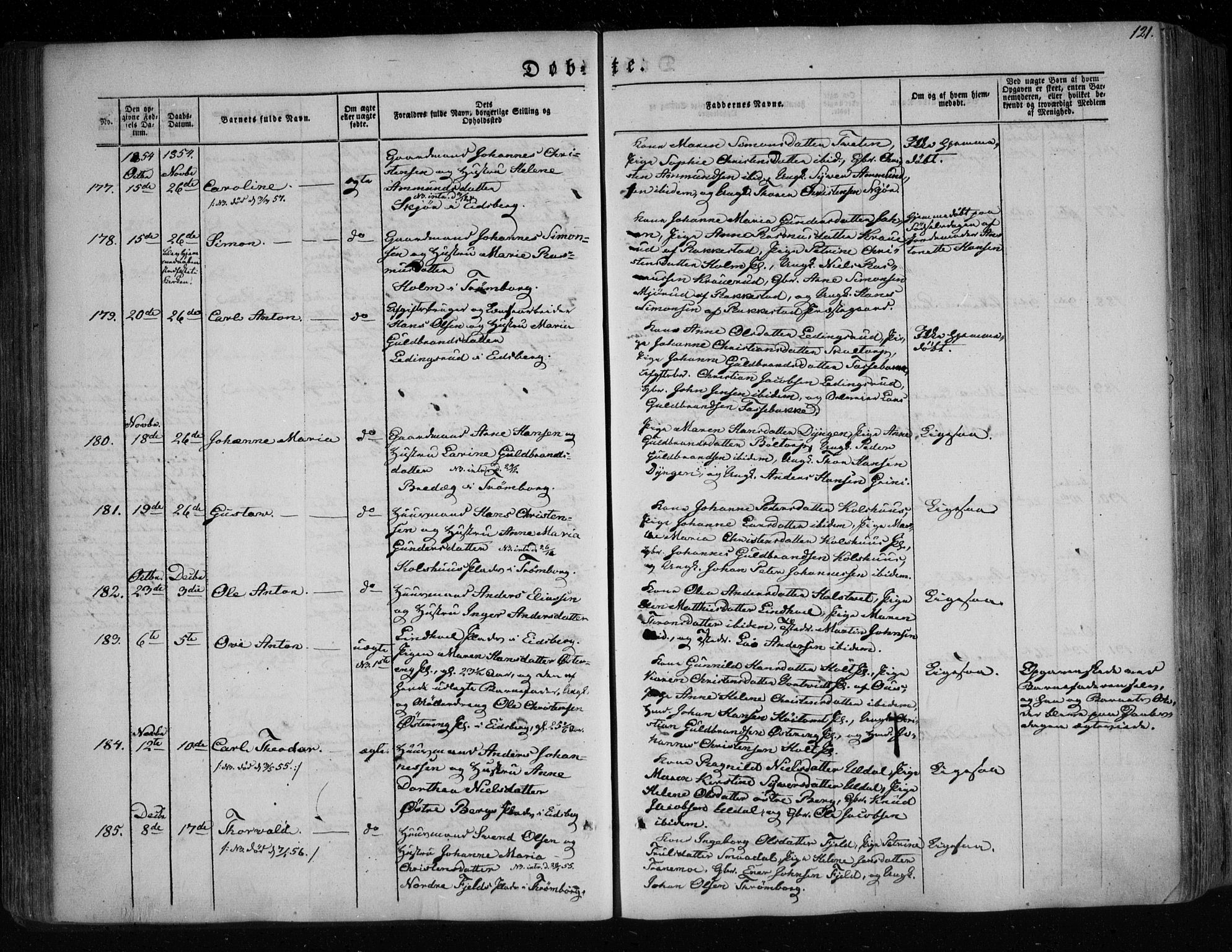 Eidsberg prestekontor Kirkebøker, AV/SAO-A-10905/F/Fa/L0009: Parish register (official) no. I 9, 1849-1856, p. 121