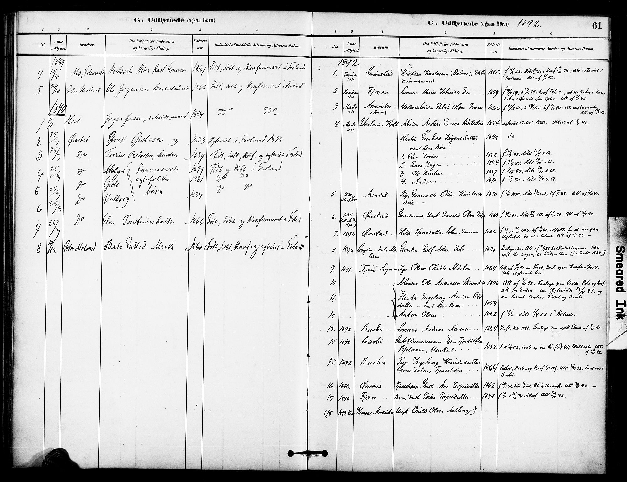 Froland sokneprestkontor, AV/SAK-1111-0013/F/Fa/L0004: Parish register (official) no. A 4, 1882-1906, p. 61