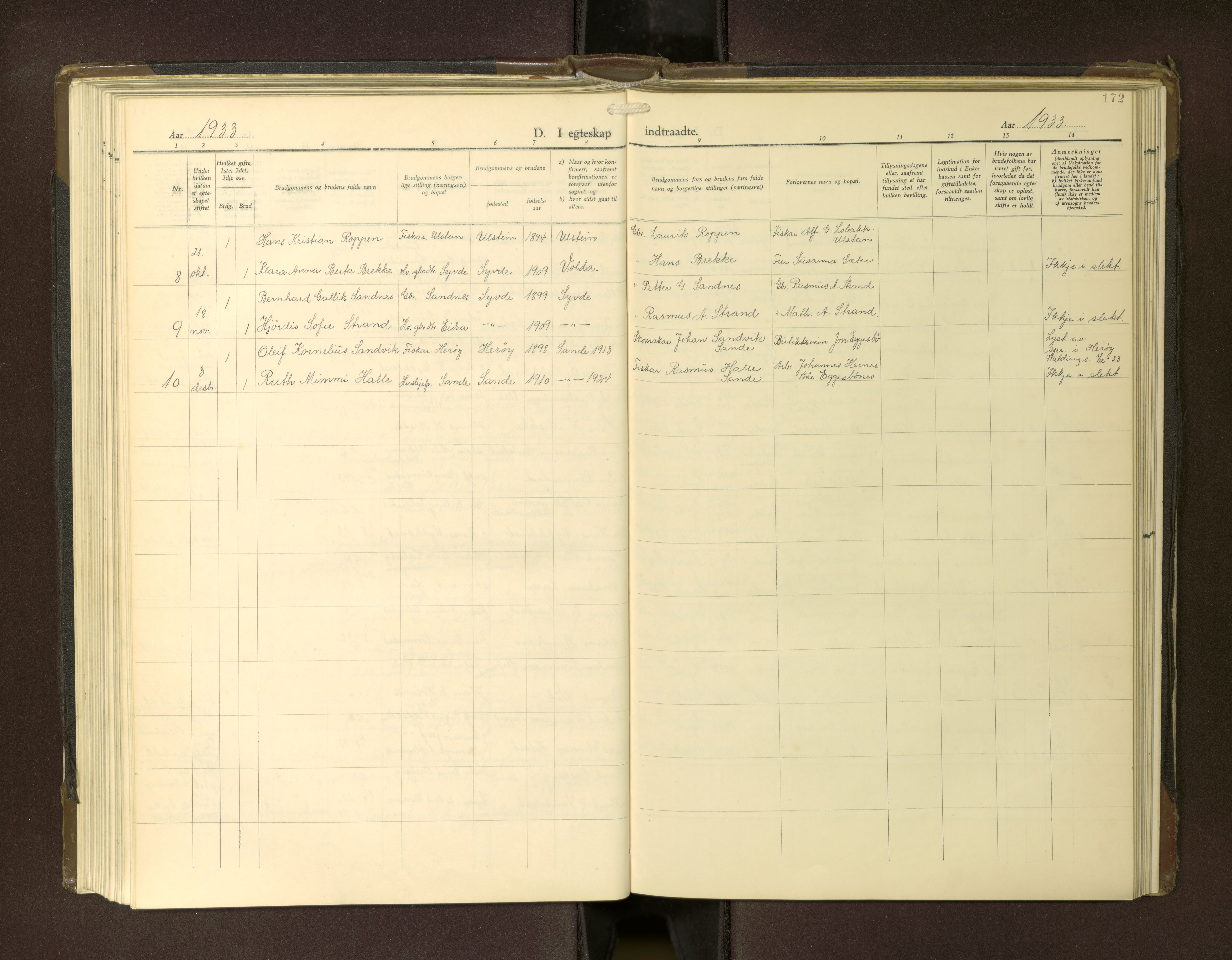 Ministerialprotokoller, klokkerbøker og fødselsregistre - Møre og Romsdal, AV/SAT-A-1454/502/L0029: Parish register (copy) no. 502---, 1932-1968, p. 172