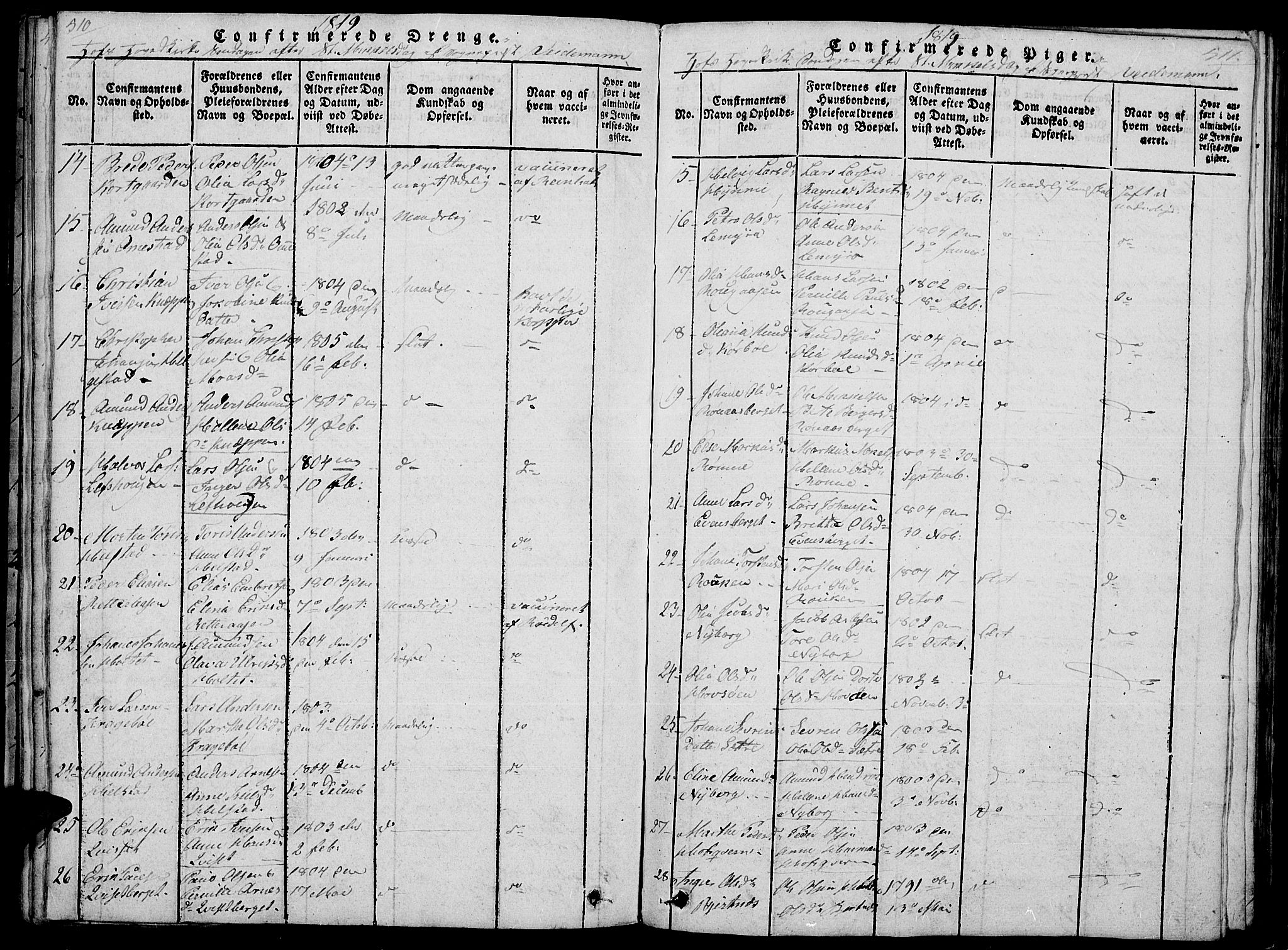 Hof prestekontor, SAH/PREST-038/H/Ha/Haa/L0005: Parish register (official) no. 5, 1816-1822, p. 510-511