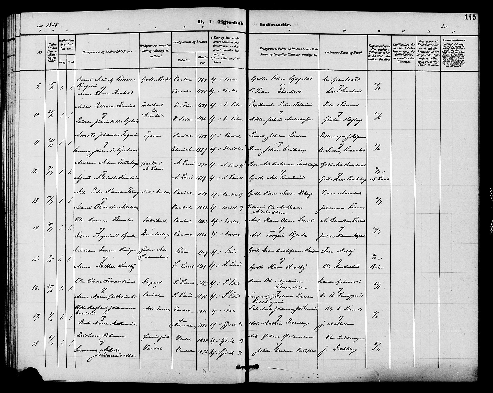 Vardal prestekontor, SAH/PREST-100/H/Ha/Hab/L0011: Parish register (copy) no. 11, 1899-1913, p. 145
