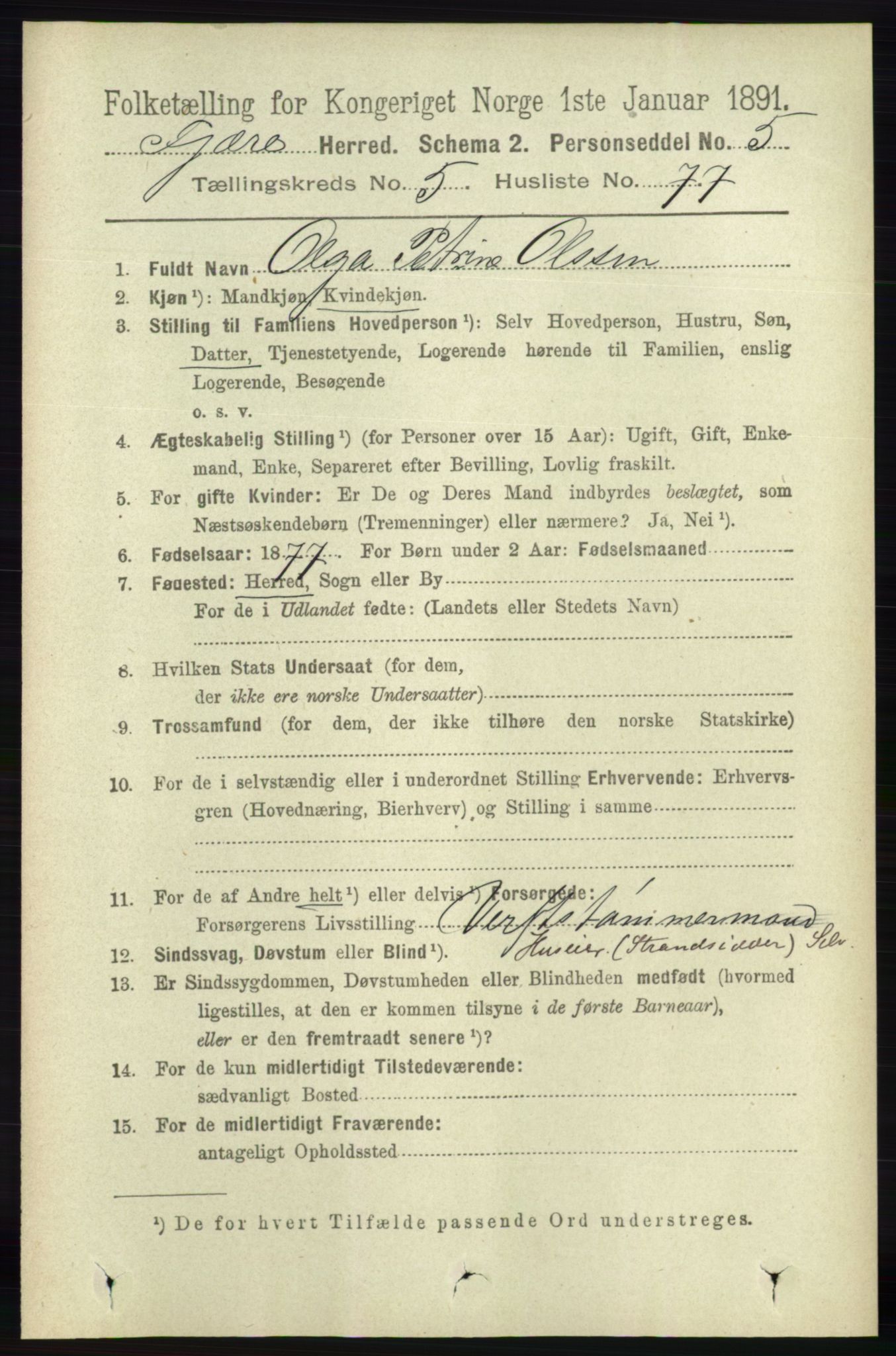 RA, 1891 census for 0923 Fjære, 1891, p. 2818