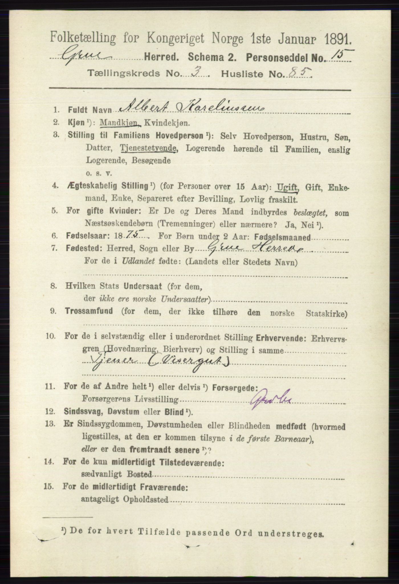 RA, 1891 census for 0423 Grue, 1891, p. 2006