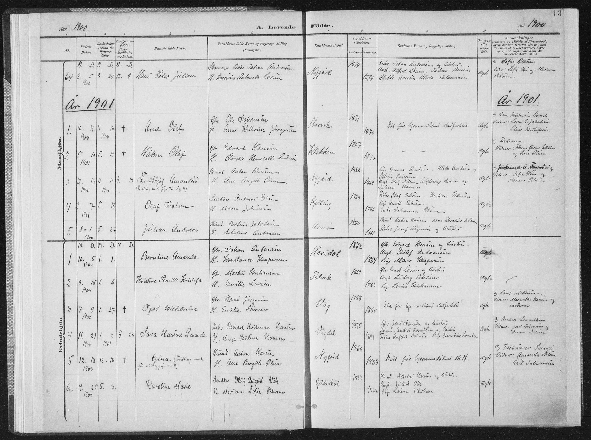 Ministerialprotokoller, klokkerbøker og fødselsregistre - Nordland, AV/SAT-A-1459/805/L0102: Parish register (official) no. 805A08I, 1900-1909, p. 13