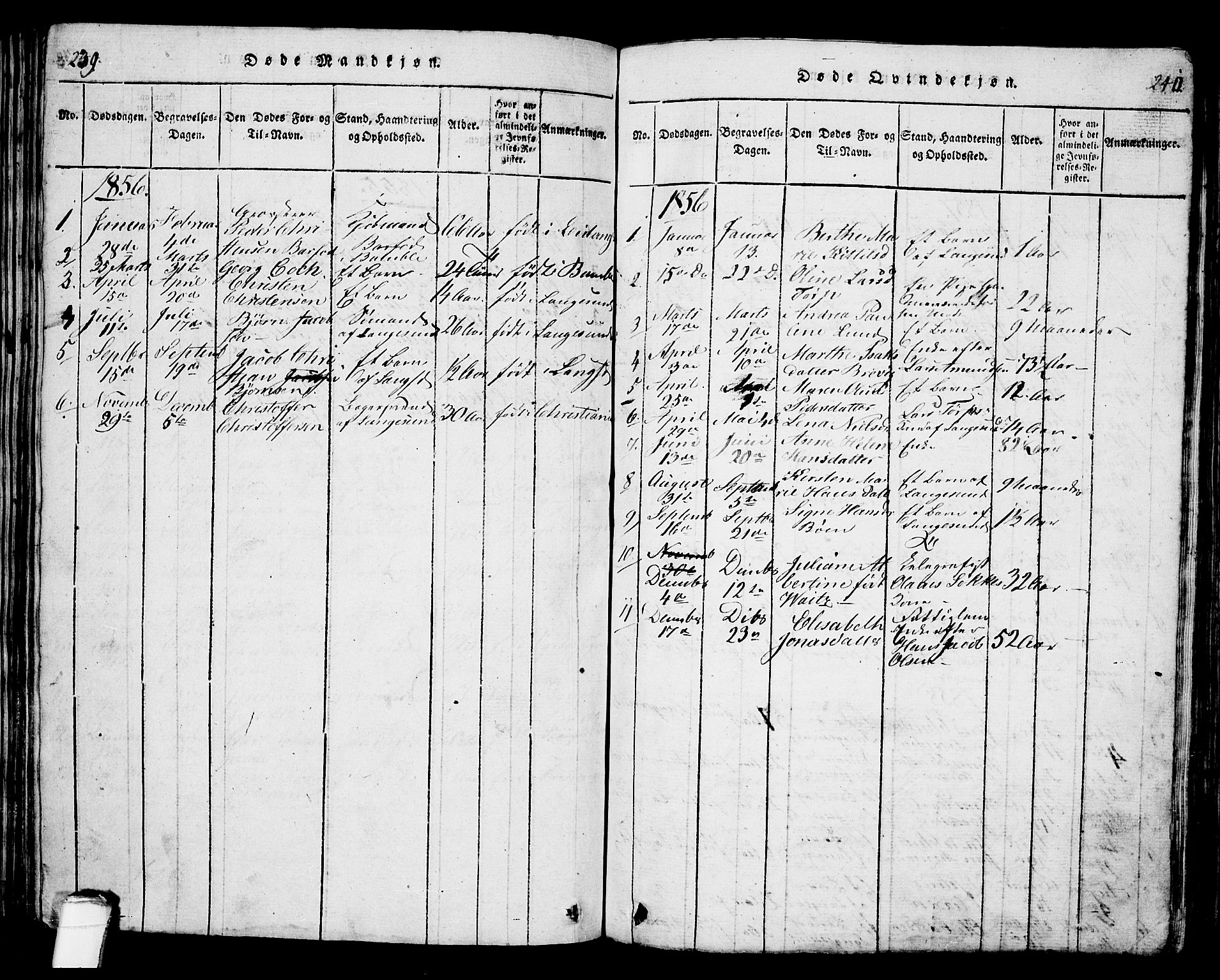 Langesund kirkebøker, SAKO/A-280/G/Ga/L0003: Parish register (copy) no. 3, 1815-1858, p. 239-240