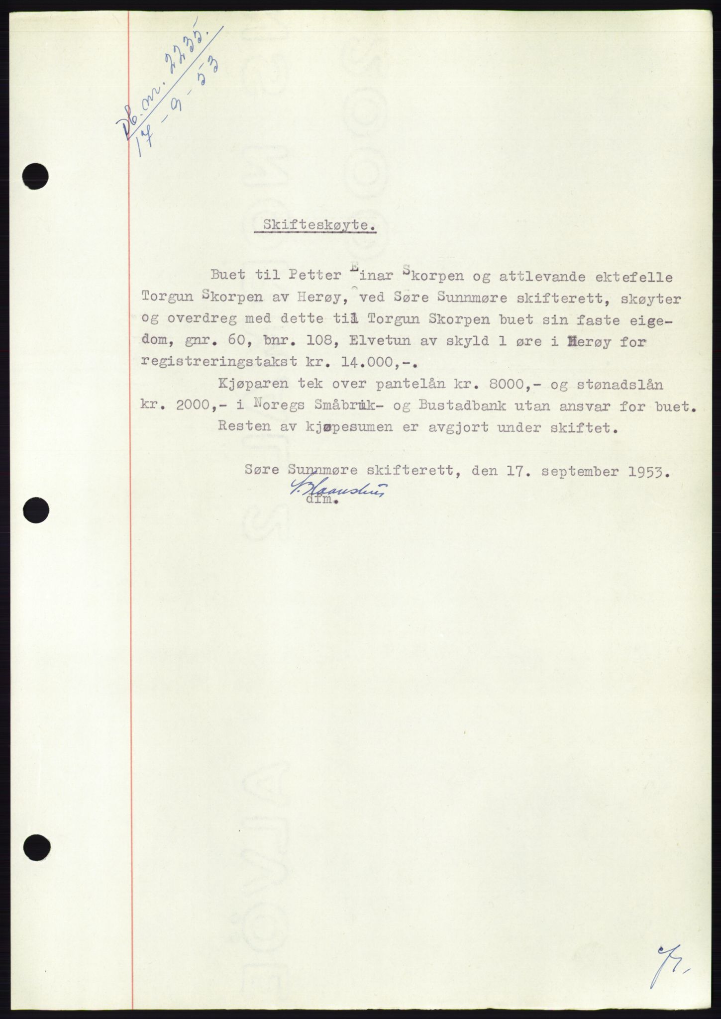 Søre Sunnmøre sorenskriveri, AV/SAT-A-4122/1/2/2C/L0095: Mortgage book no. 21A, 1953-1953, Diary no: : 2235/1953