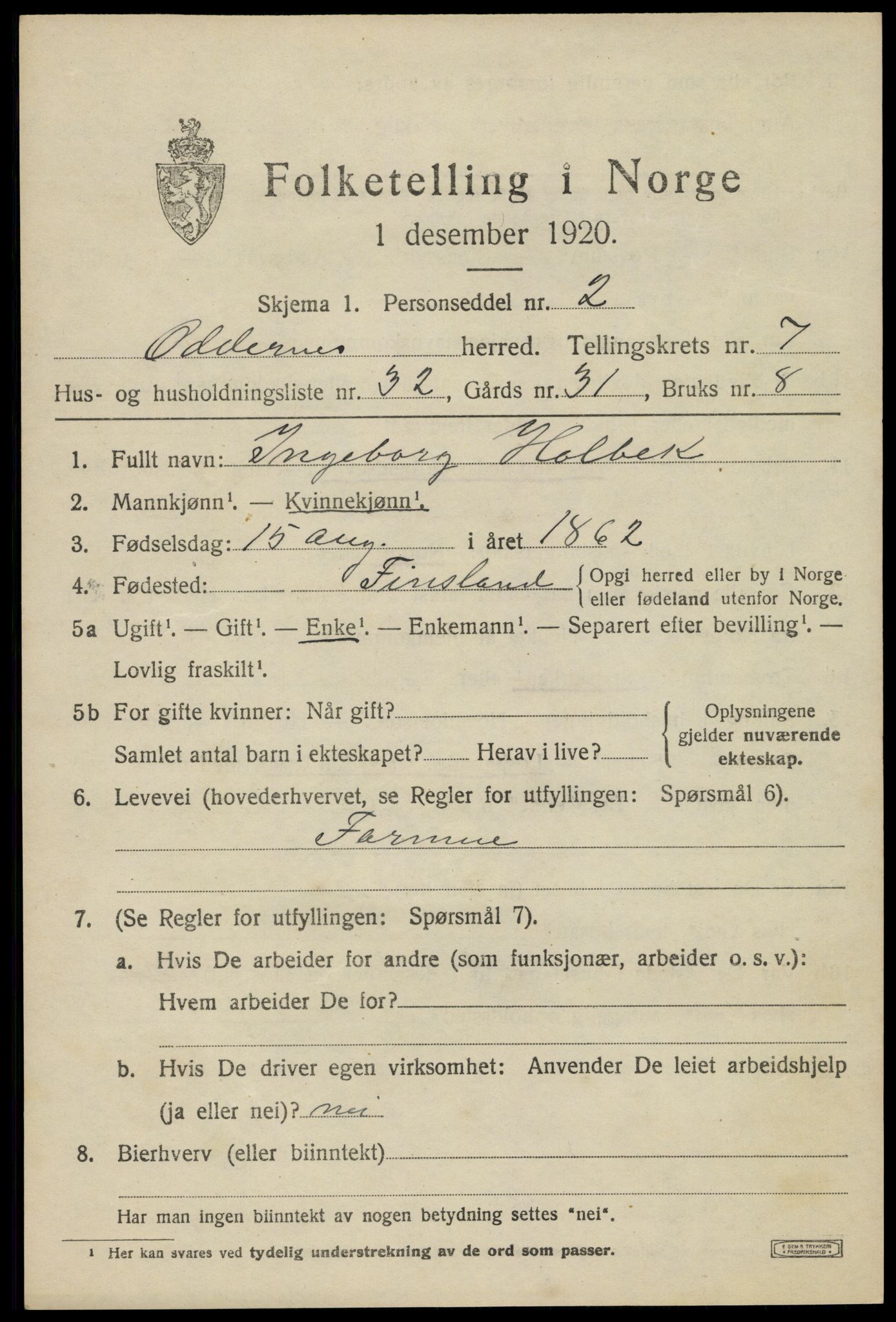 SAK, 1920 census for Oddernes, 1920, p. 5551