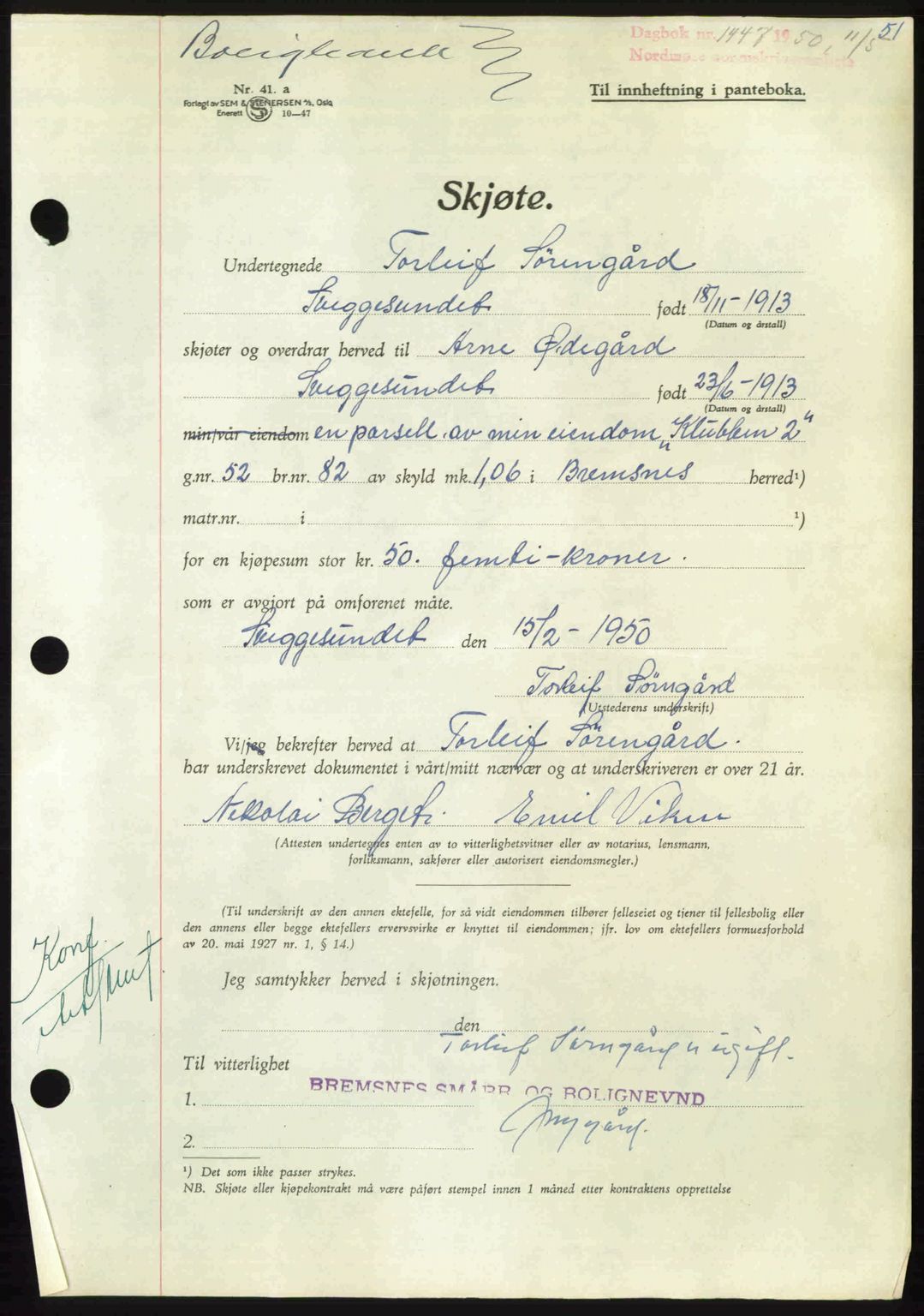 Nordmøre sorenskriveri, AV/SAT-A-4132/1/2/2Ca: Mortgage book no. A115, 1950-1950, Diary no: : 1447/1950