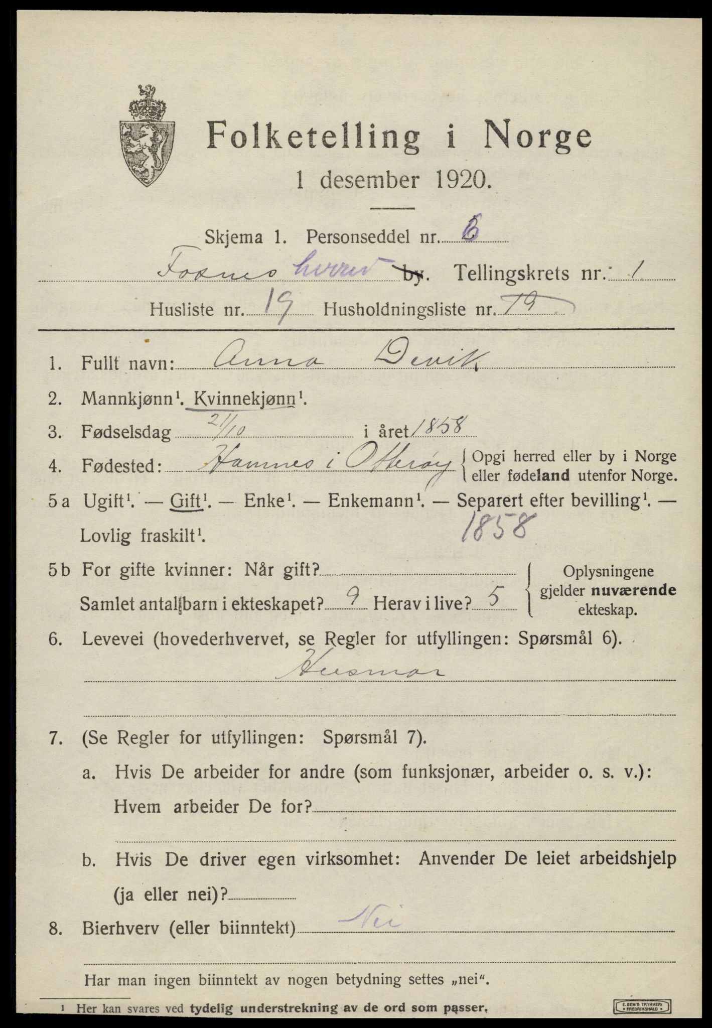 SAT, 1920 census for Fosnes, 1920, p. 657