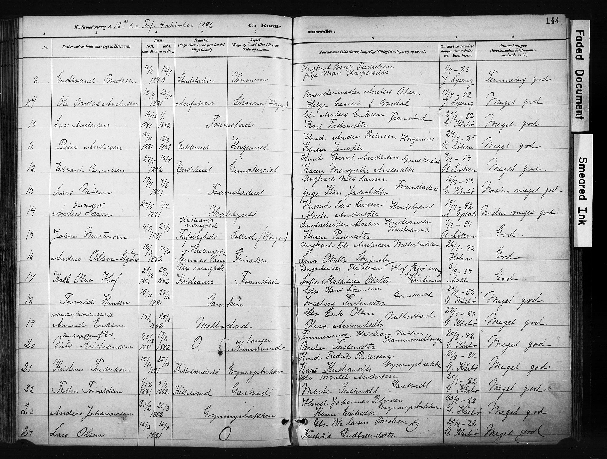 Gran prestekontor, SAH/PREST-112/H/Ha/Haa/L0017: Parish register (official) no. 17, 1889-1897, p. 144