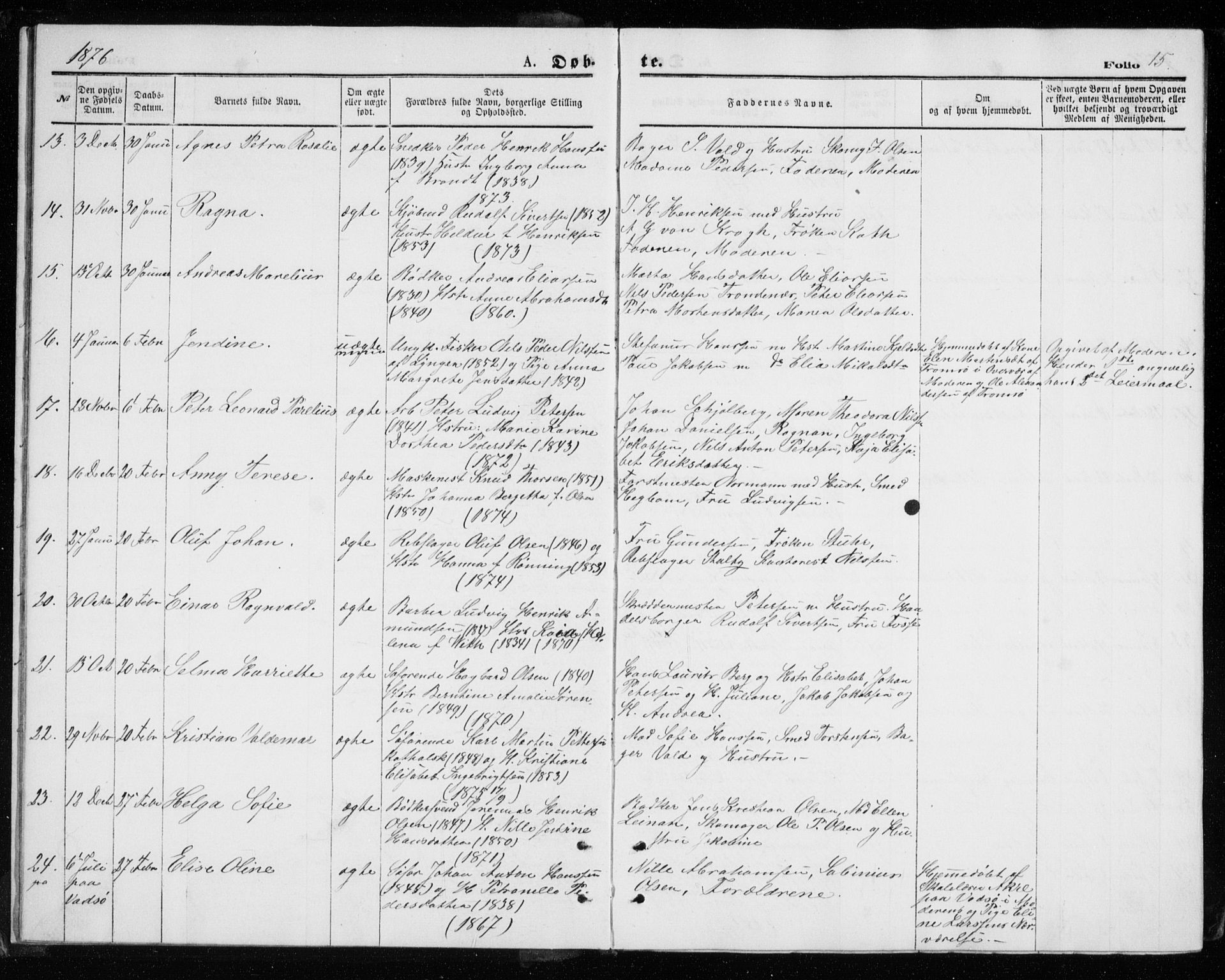 Tromsø sokneprestkontor/stiftsprosti/domprosti, AV/SATØ-S-1343/G/Gb/L0008klokker: Parish register (copy) no. 8, 1875-1879, p. 15