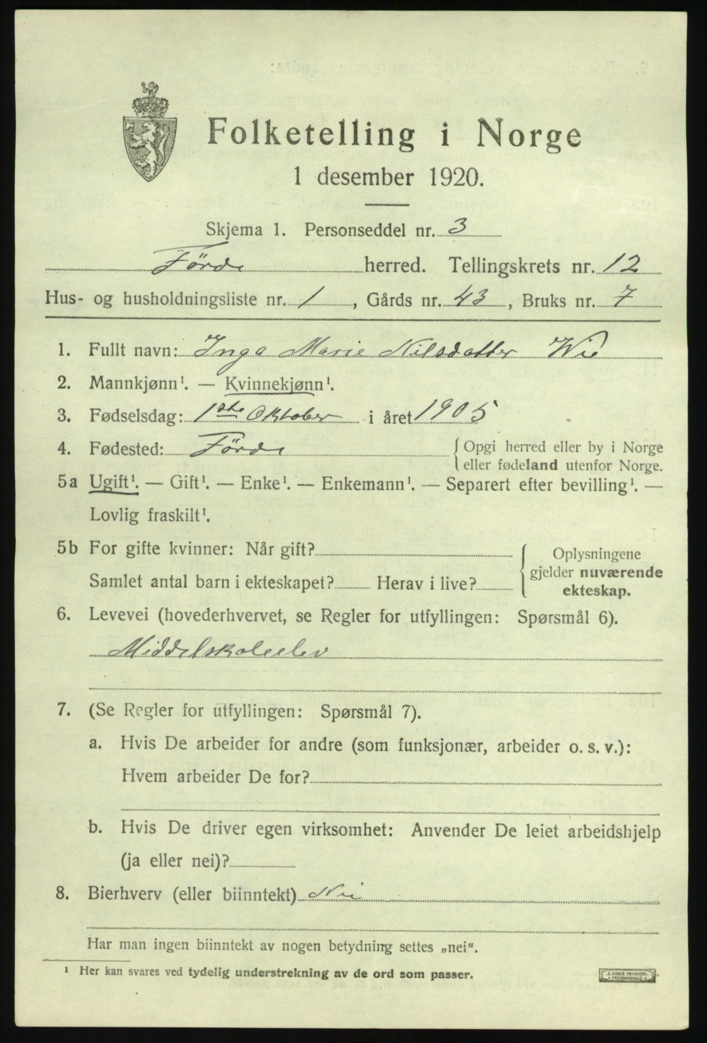 SAB, 1920 census for Førde, 1920, p. 4272