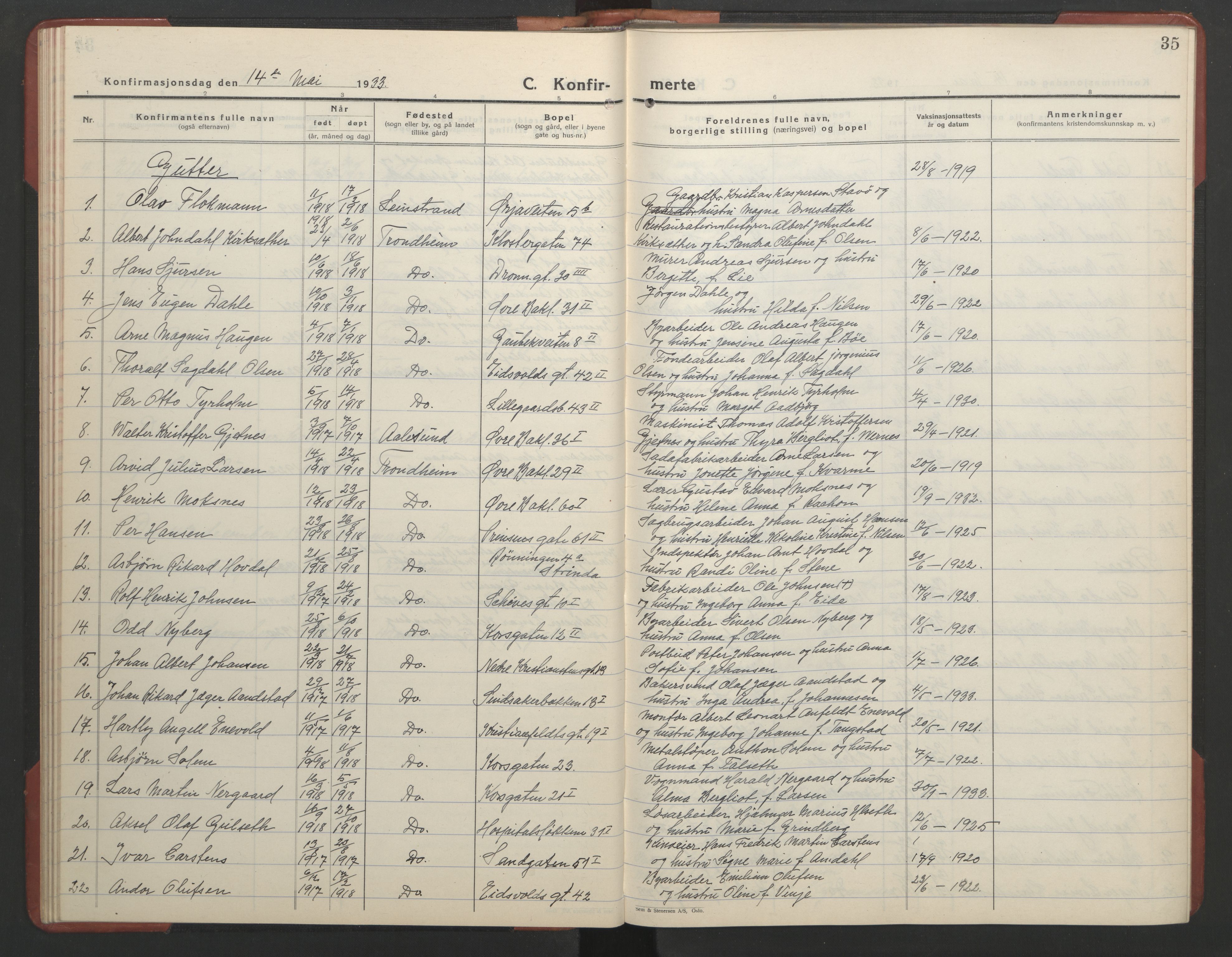 Ministerialprotokoller, klokkerbøker og fødselsregistre - Sør-Trøndelag, SAT/A-1456/602/L0151: Parish register (copy) no. 602C19, 1925-1951, p. 35