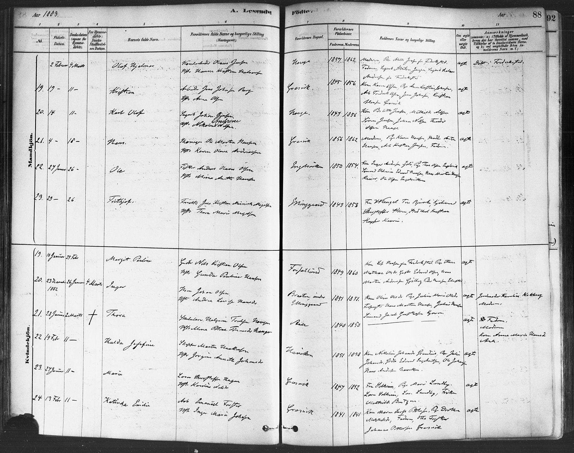 Onsøy prestekontor Kirkebøker, SAO/A-10914/F/Fa/L0005: Parish register (official) no. I 5, 1878-1898, p. 88