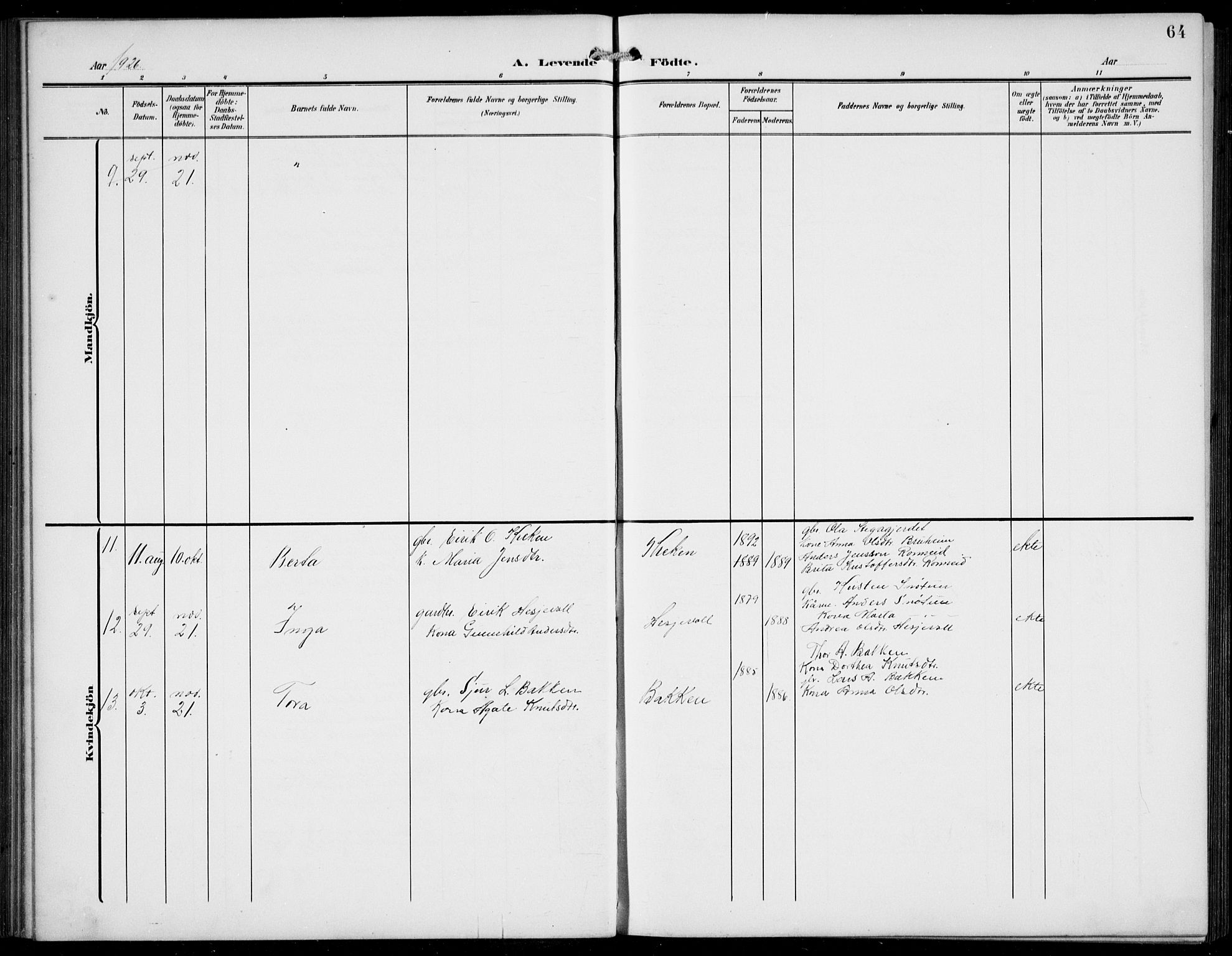 Jostedal sokneprestembete, AV/SAB-A-80601/H/Hab/Haba/L0002: Parish register (copy) no. A 2, 1907-1931, p. 64