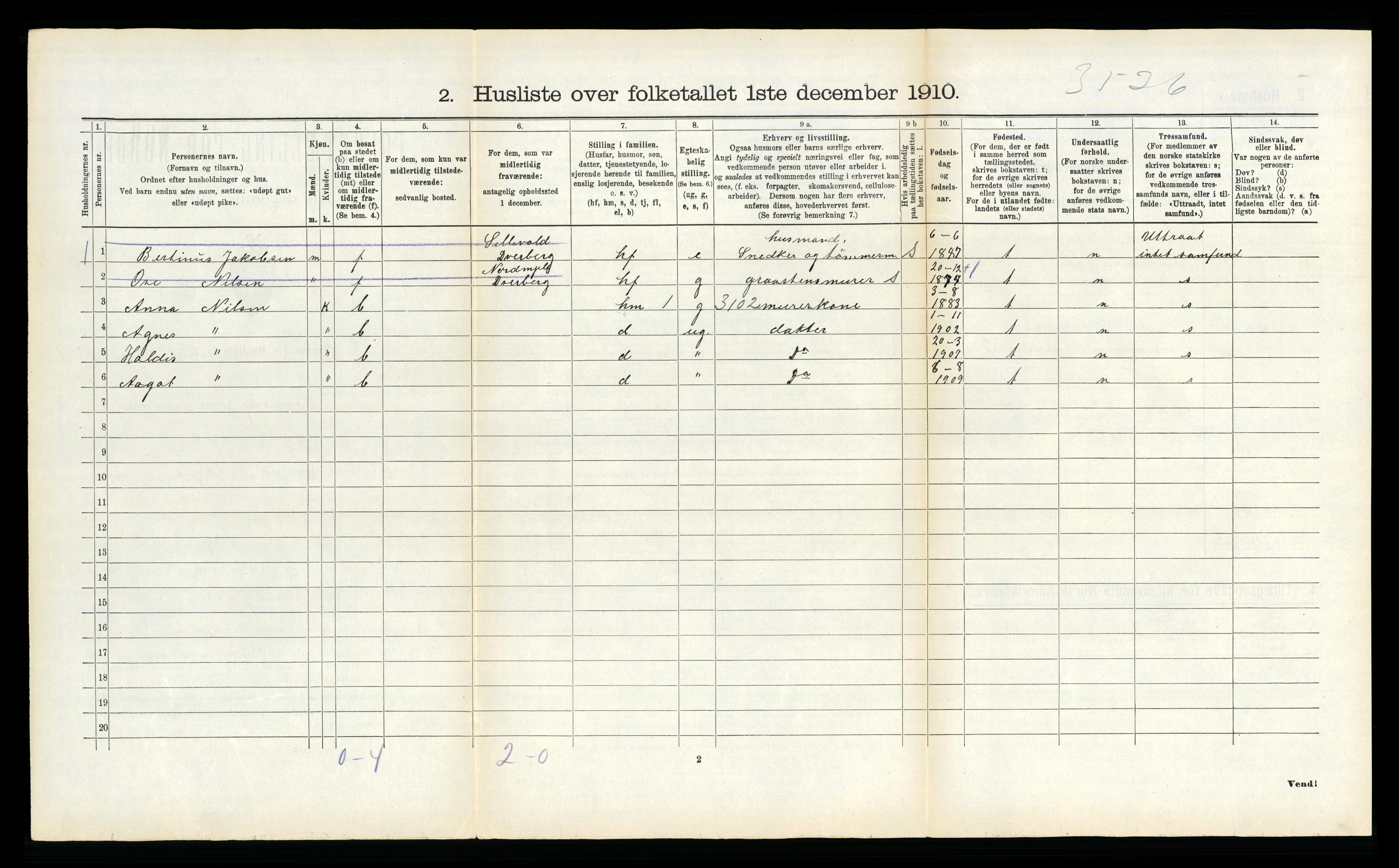 RA, 1910 census for Dverberg, 1910, p. 813