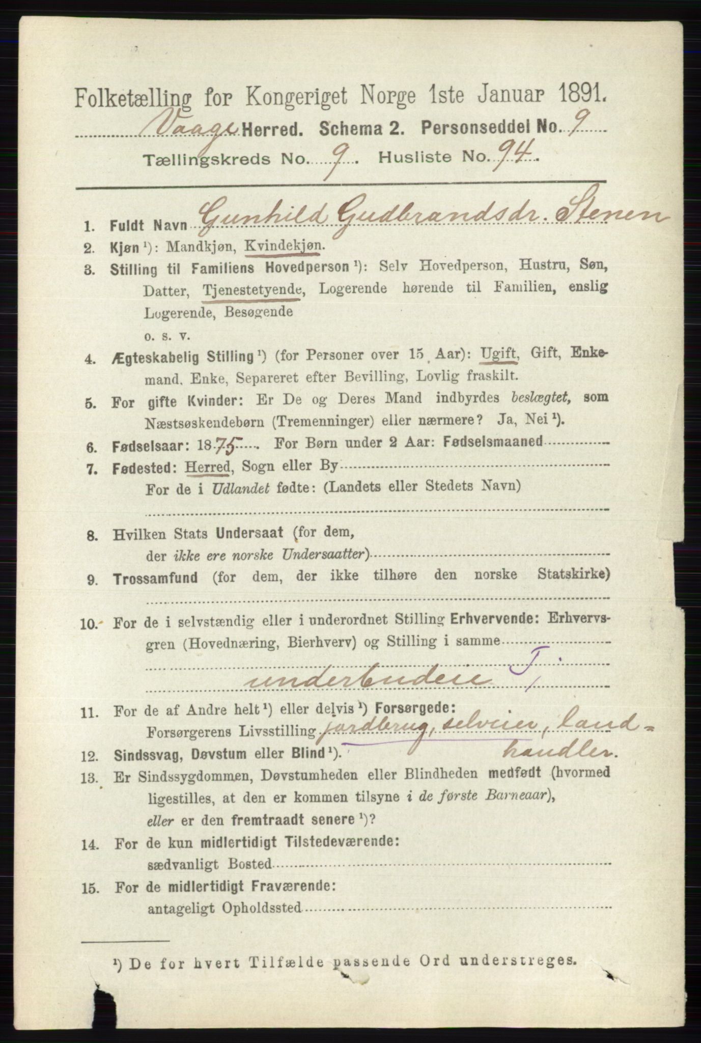 RA, 1891 census for 0515 Vågå, 1891, p. 6121