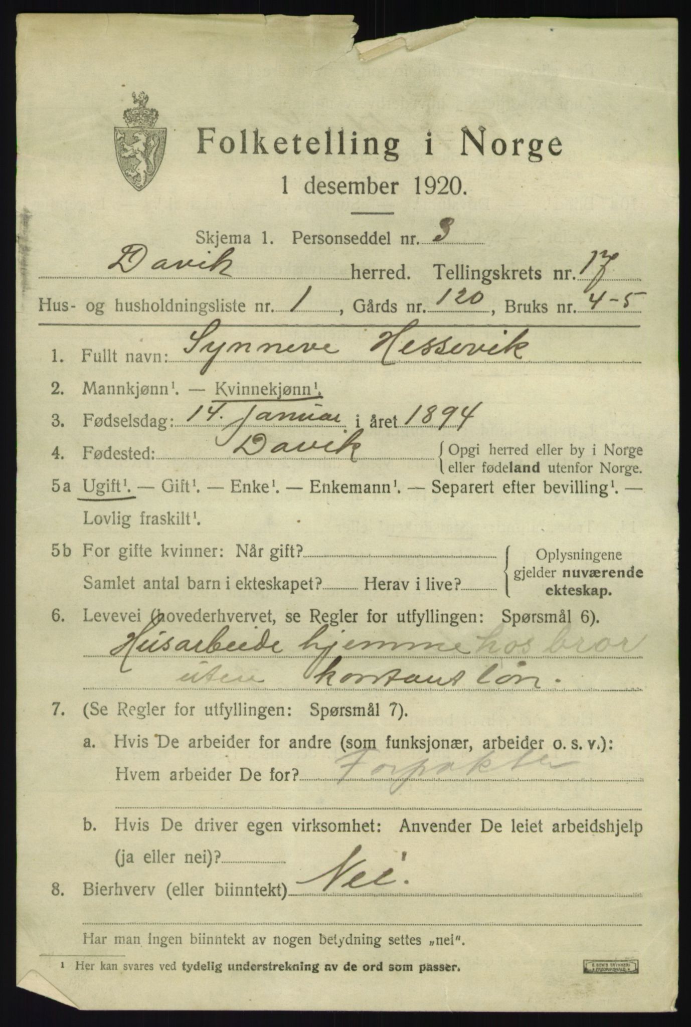 SAB, 1920 census for Davik, 1920, p. 7683