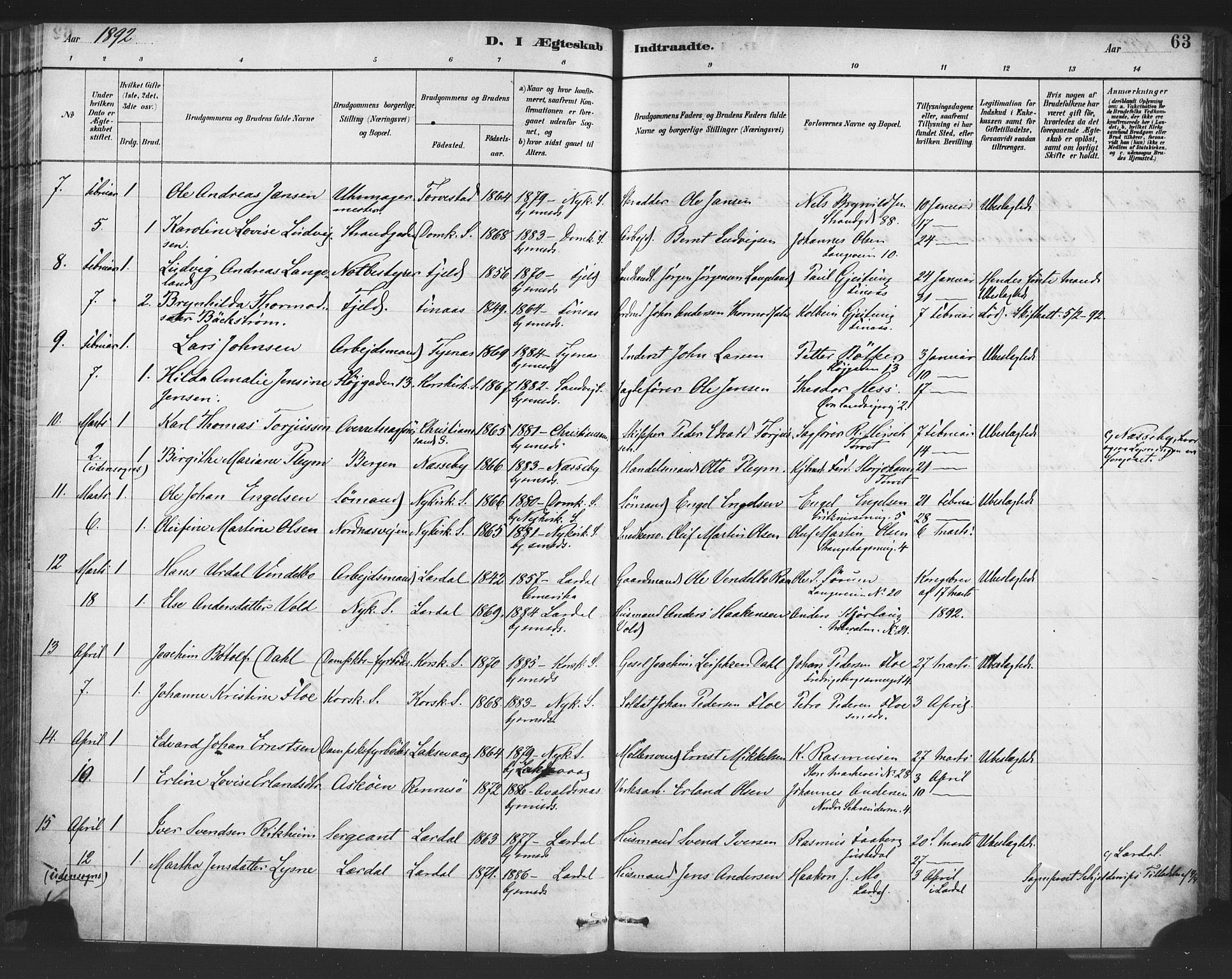 Nykirken Sokneprestembete, SAB/A-77101/H/Haa/L0033: Parish register (official) no. D 3, 1884-1895, p. 63