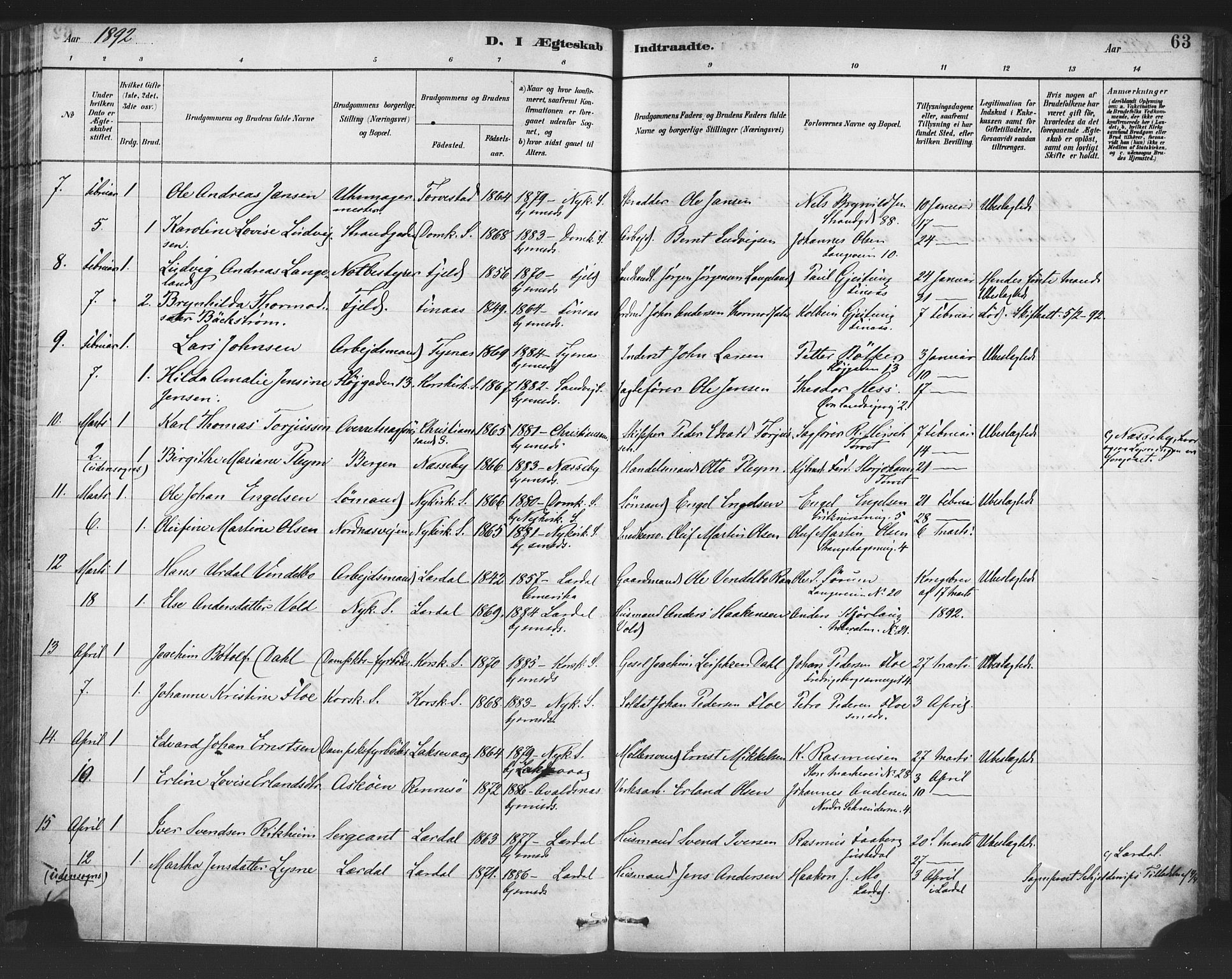 Nykirken Sokneprestembete, AV/SAB-A-77101/H/Haa/L0033: Parish register (official) no. D 3, 1884-1895, p. 63