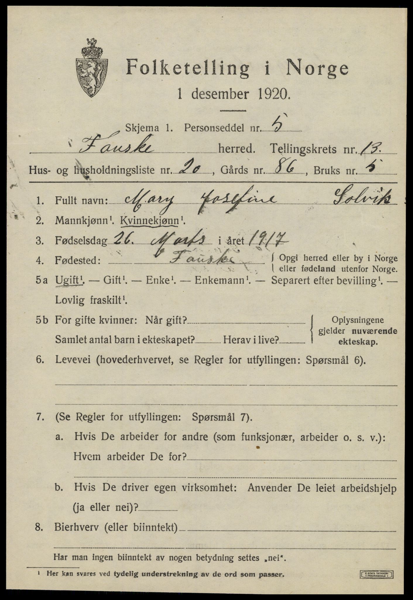 SAT, 1920 census for Fauske, 1920, p. 8668